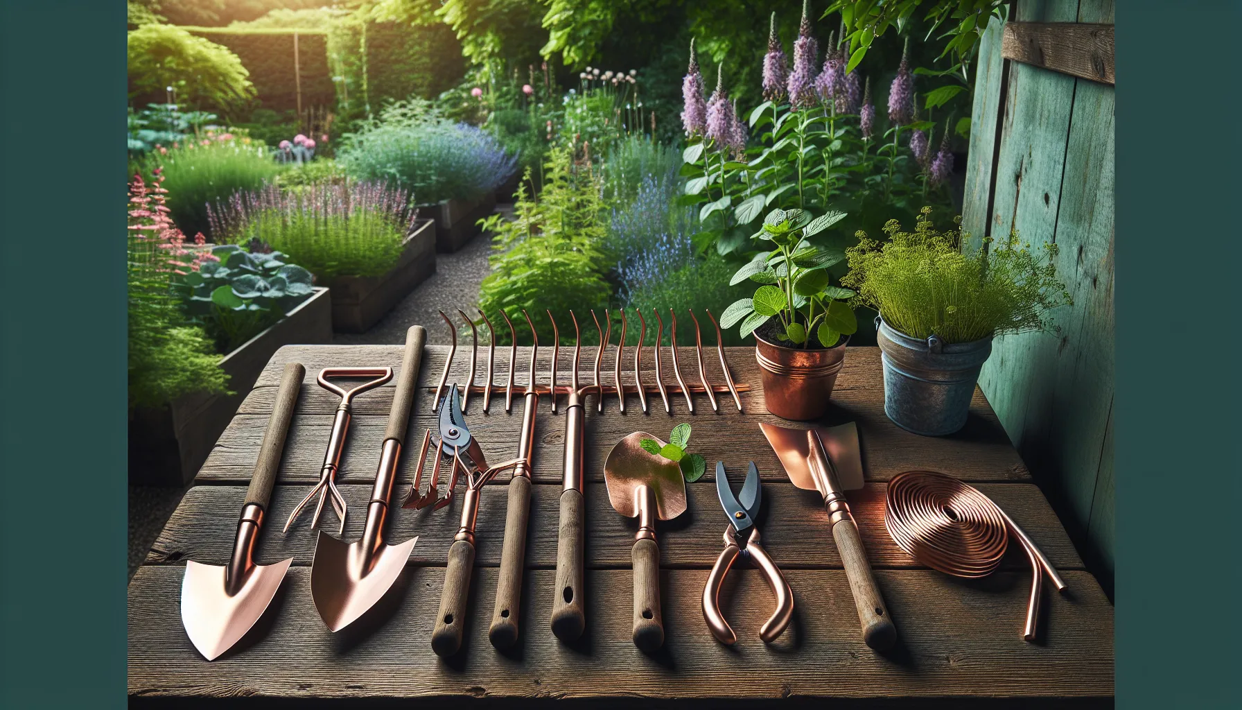 A collection of shiny copper garden tools laid out on a wooden table against a lush garden backdrop.