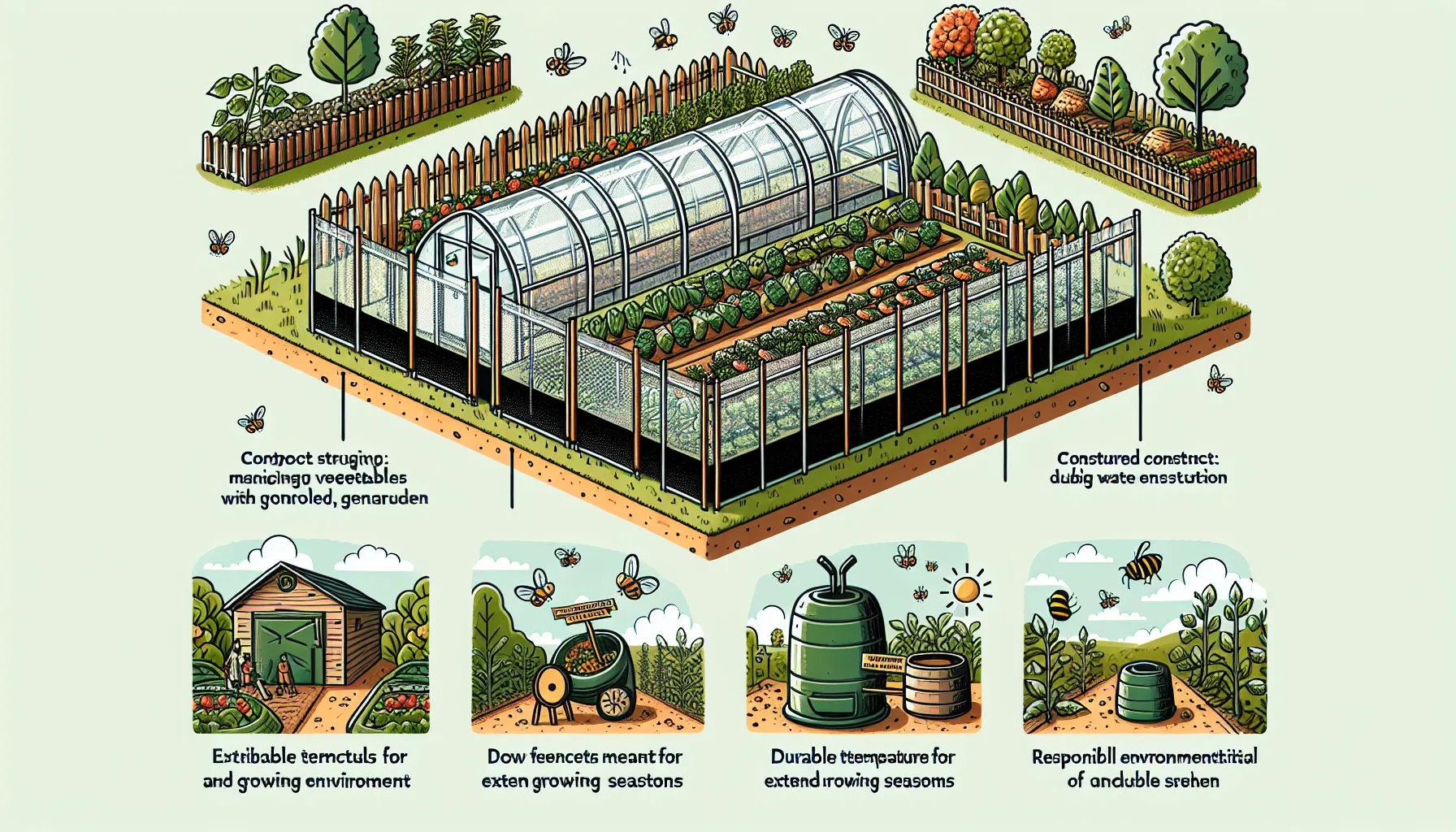 An isometric illustration of a fully enclosed vegetable garden with various sections including a greenhouse, raised beds, compost bins, and water barrels surrounded by fencing, with annotations on sustainable practices.