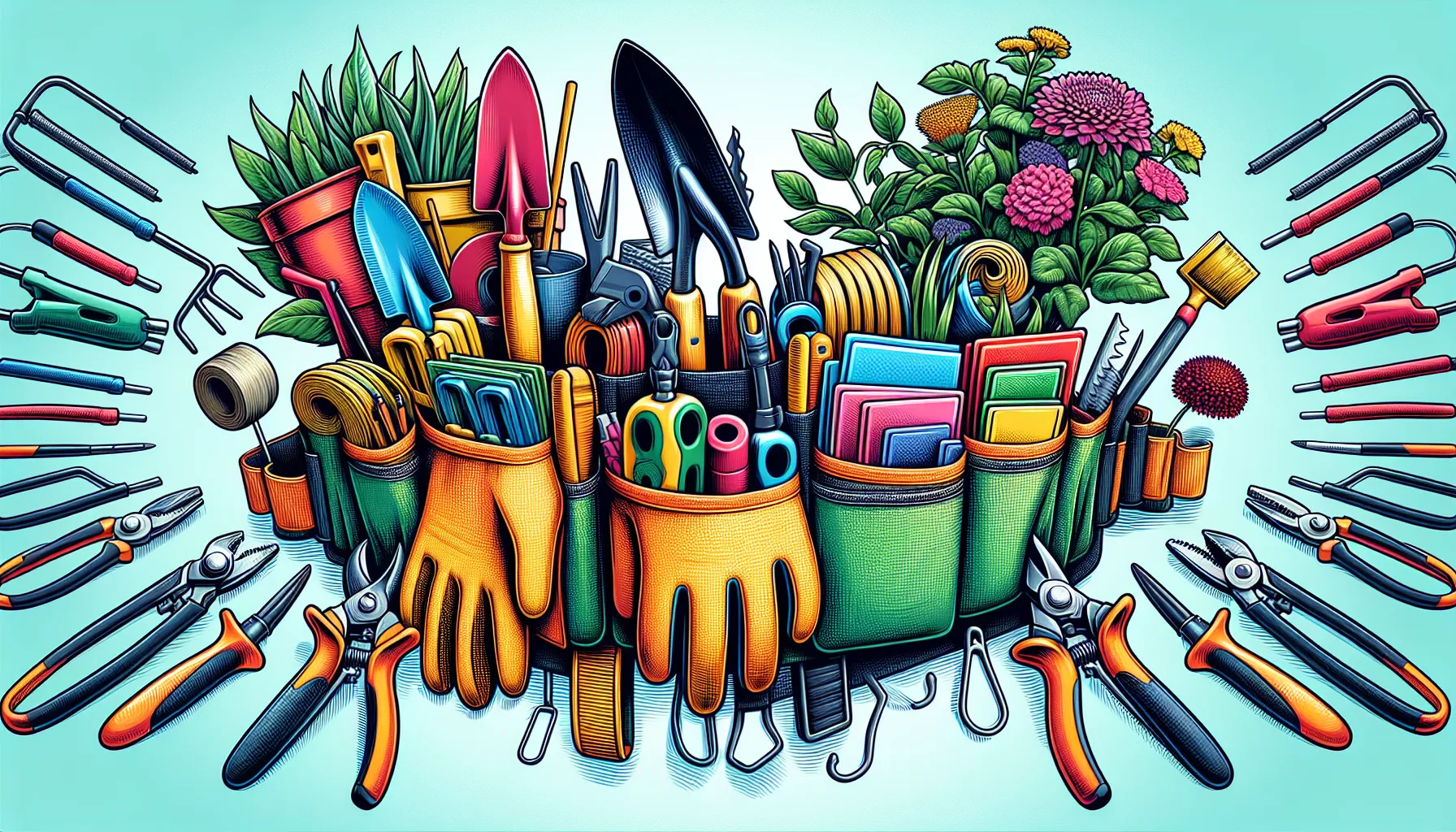 A colorful illustrated array of gardening tools organized in and around a garden tool belt with flowers in the background.