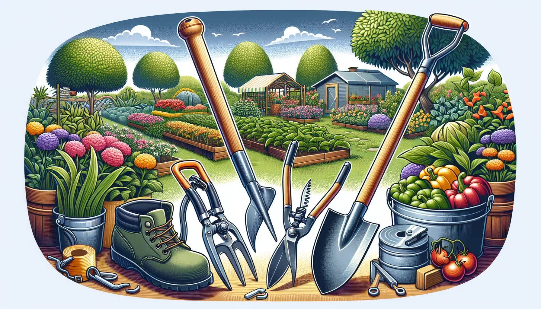 An illustration of a variety of well-maintained garden tools, including a garden tool sharpener, against a backdrop of a vibrant, organized garden.