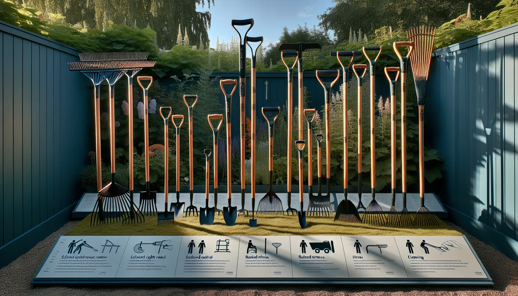 A collection of garden tools with long handles, including rakes, shovels, and hoes, displayed against a garden backdrop with instructional signs.