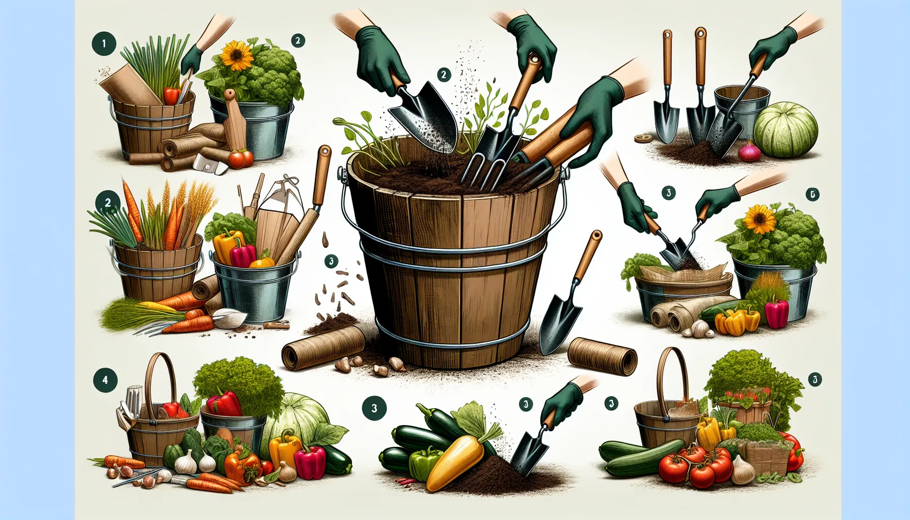 Illustration of multiple gardeners' buckets filled with various vegetables, gardening tools, and hands performing gardening tasks.