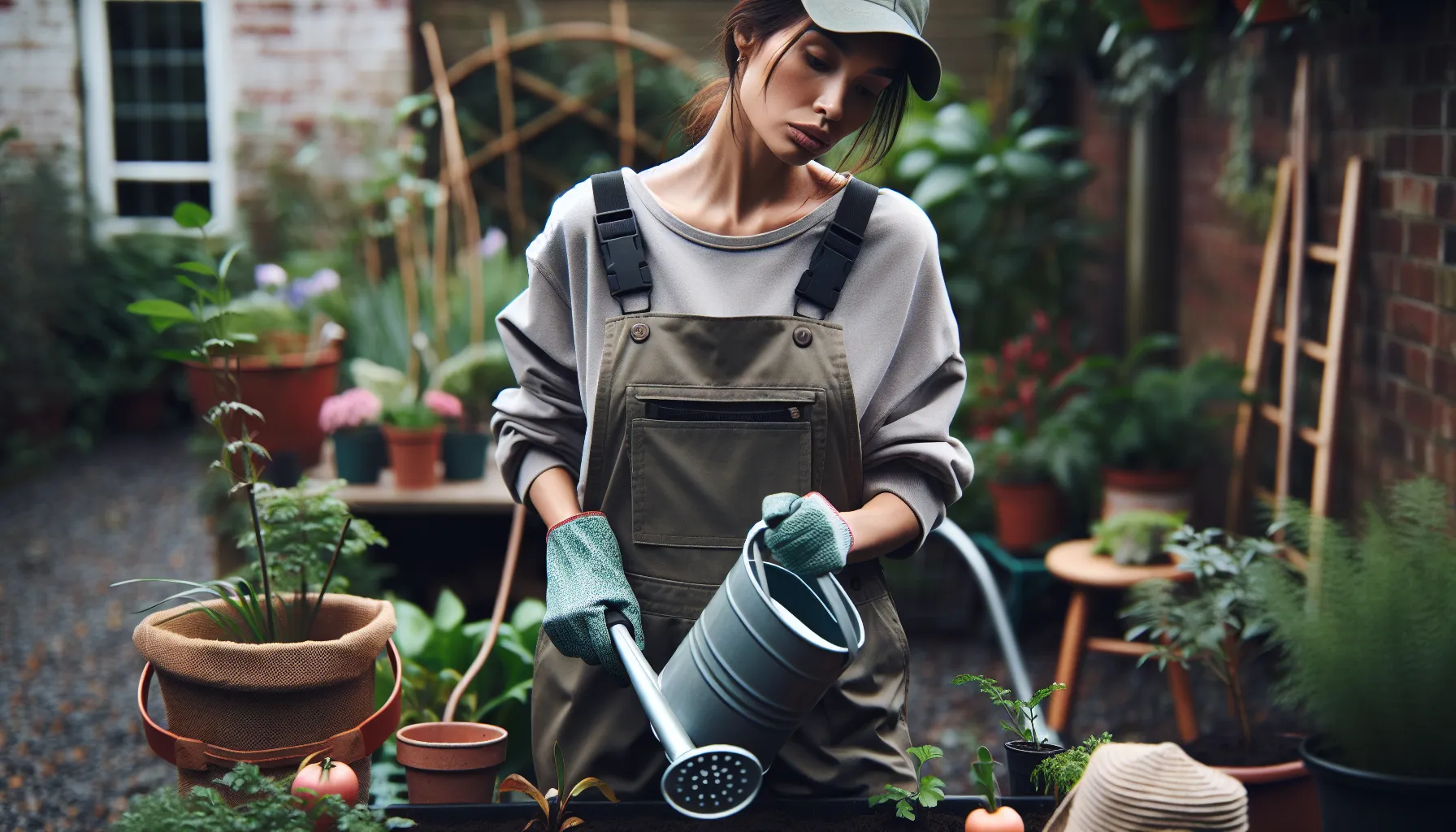 A person in gardening overalls holds a watering can among potted plants in a cozy home garden setting.