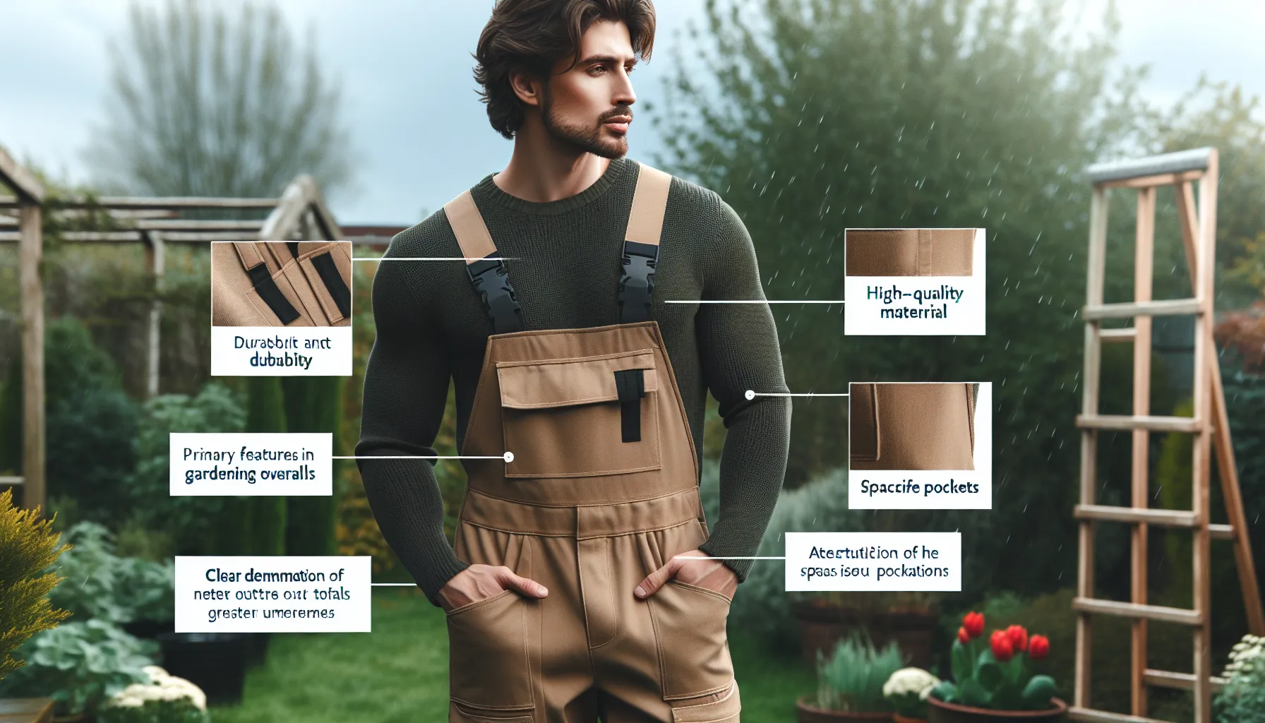 A person stands in a garden wearing brown gardening overalls with various feature labels pointing to the durability, material quality, and pocket details.