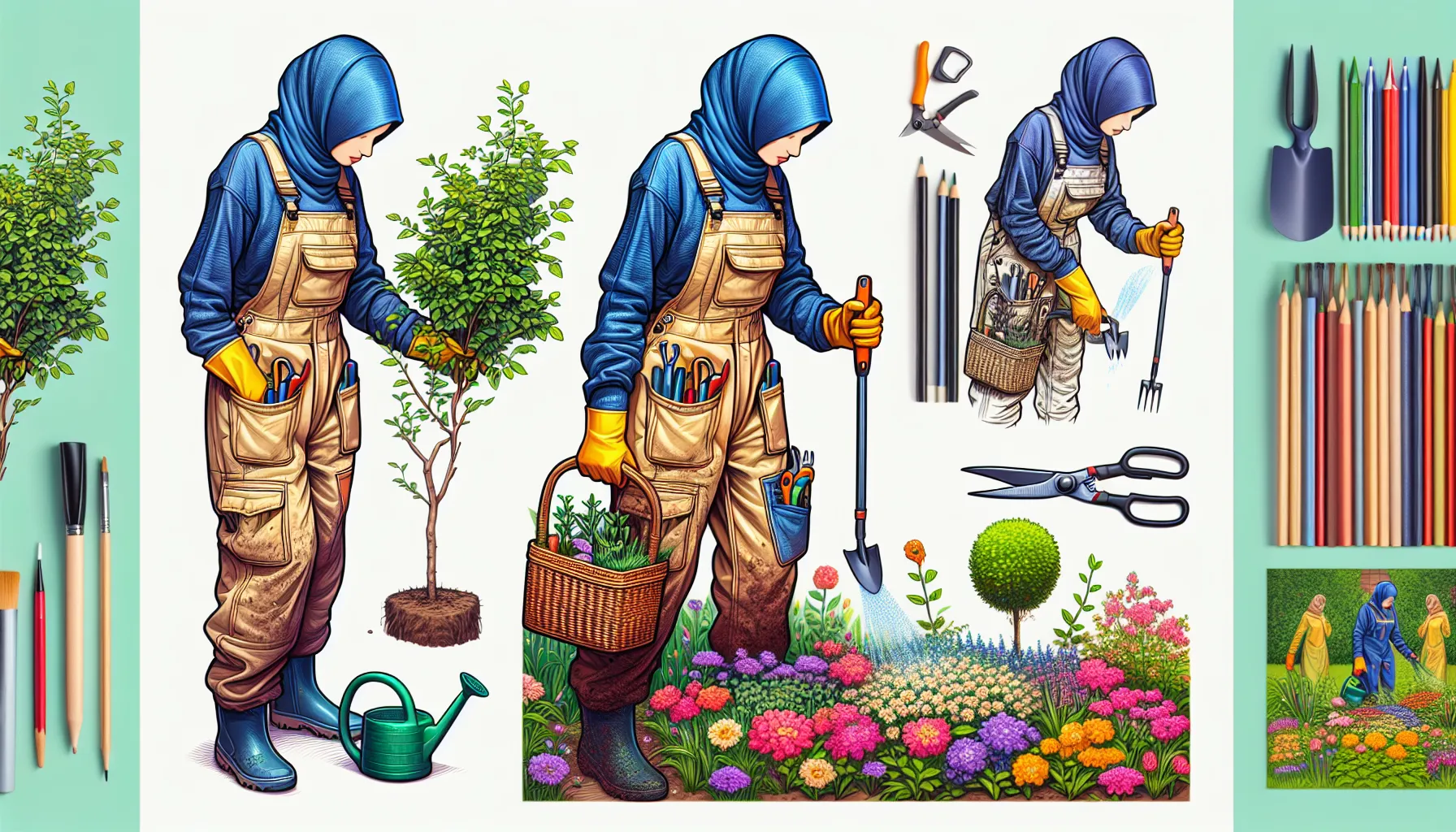 A person in blue gardening overalls and hijab engages in various gardening tasks, surrounded by gardening tools and colorful plants.