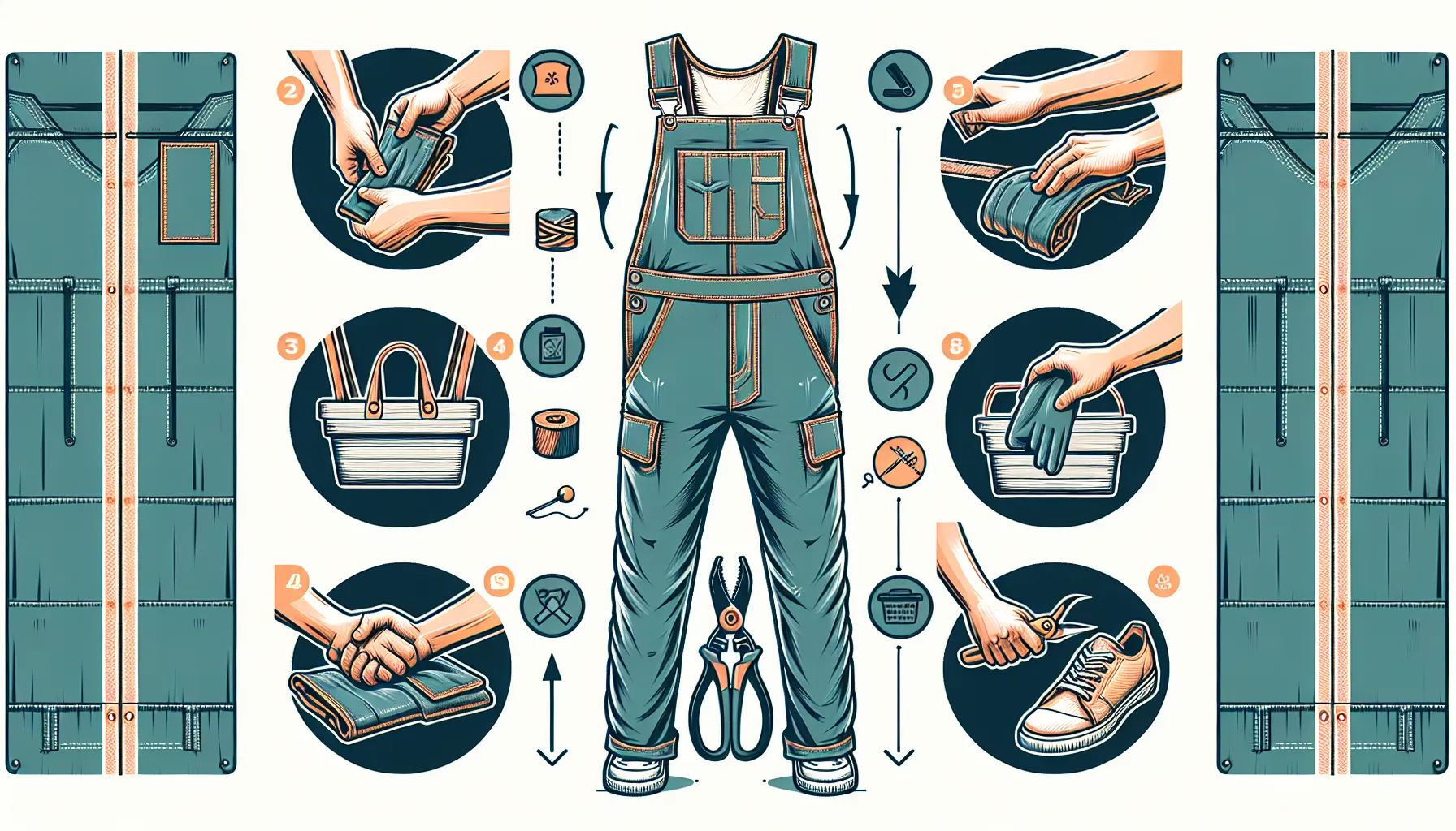 An illustrated diagram showing the various features and accessories associated with a pair of gardening overalls.