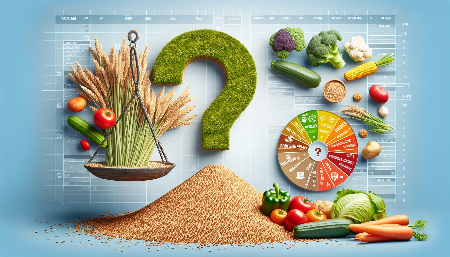 A composition featuring various vegetables and a large grass-covered question mark, with wheat sheaves on a balance scale, asking "Is wheat a vegetable?"