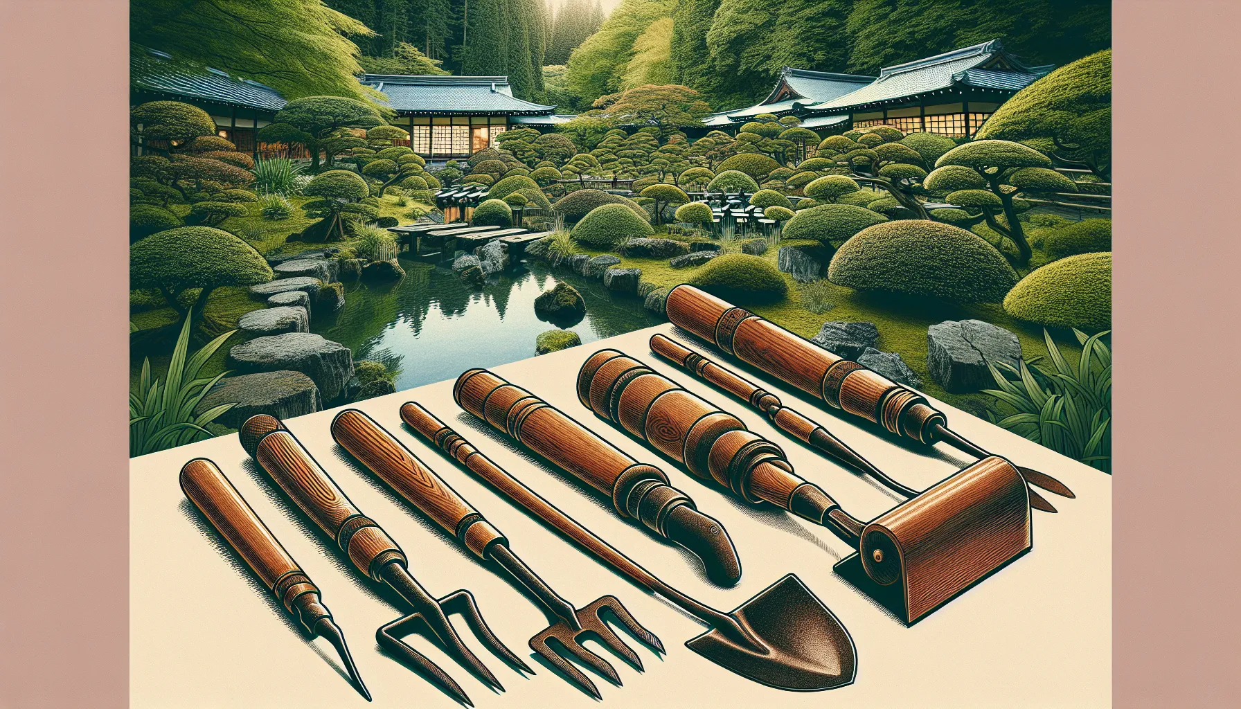 Traditional Japan garden tools are prominently displayed in the foreground with a meticulously maintained Japanese garden and buildings in the background.