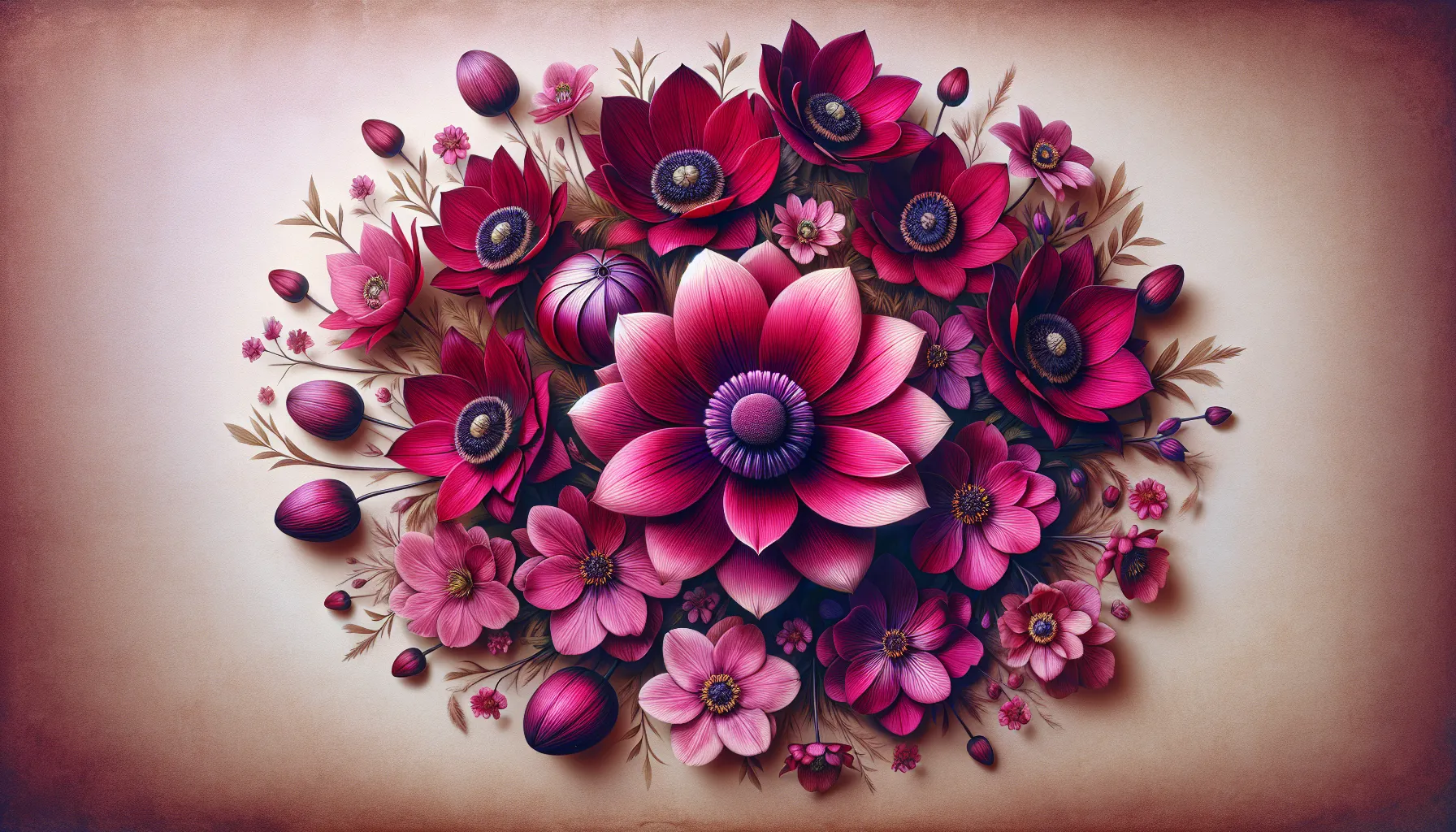 A vibrant arrangement of magenta flowers with various shades and patterns on a warm beige background.