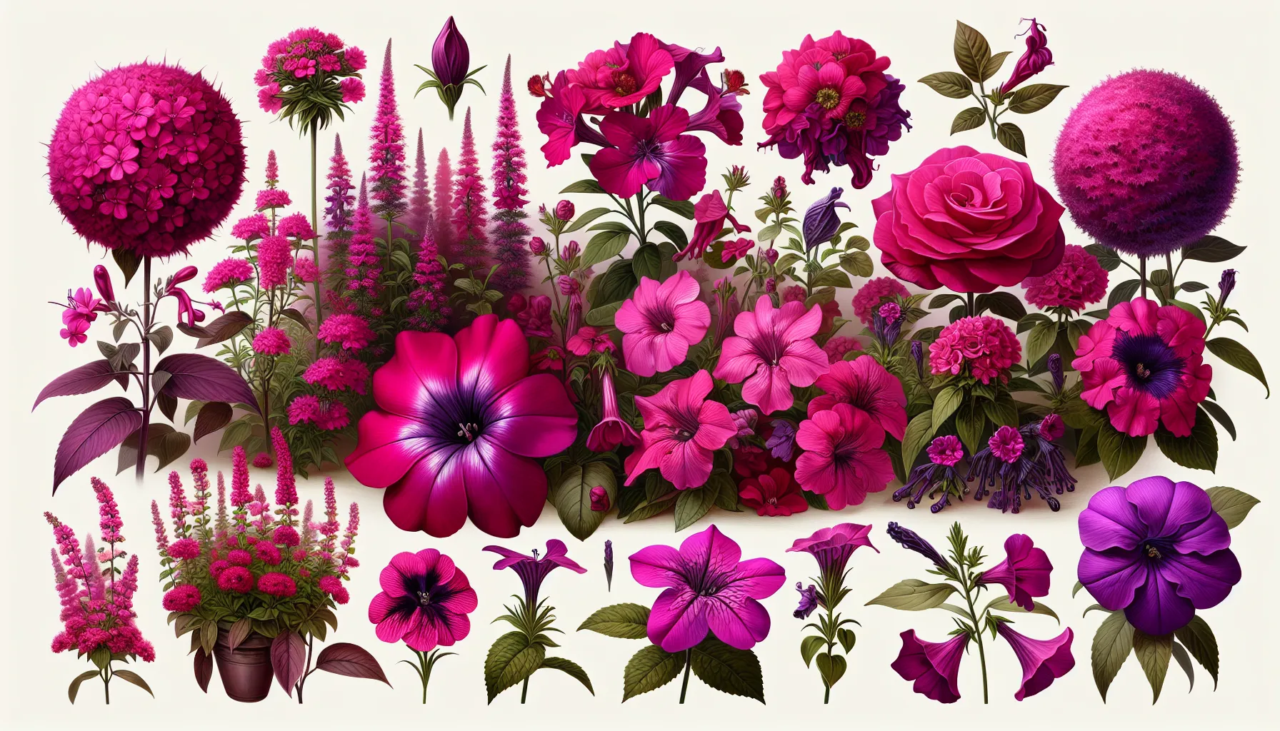 A variety of magenta flowers, including roses, tulips, and petunias, are arranged in a lush, artistic display.