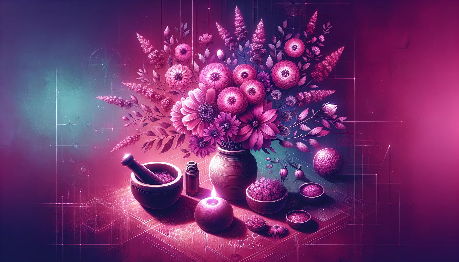 A digital illustration of a vibrant arrangement of magenta flowers in a vase, accompanied by bowls with botanical ingredients and a lit candle on a geometric-patterned surface.