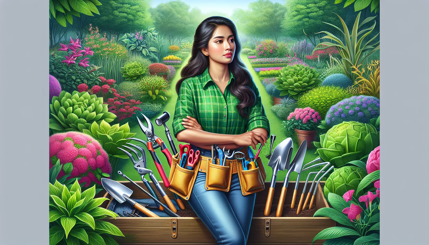 A woman in a green checked shirt stands with crossed arms wearing a tool belt for gardening, with an open toolbox and a lush garden in the background.