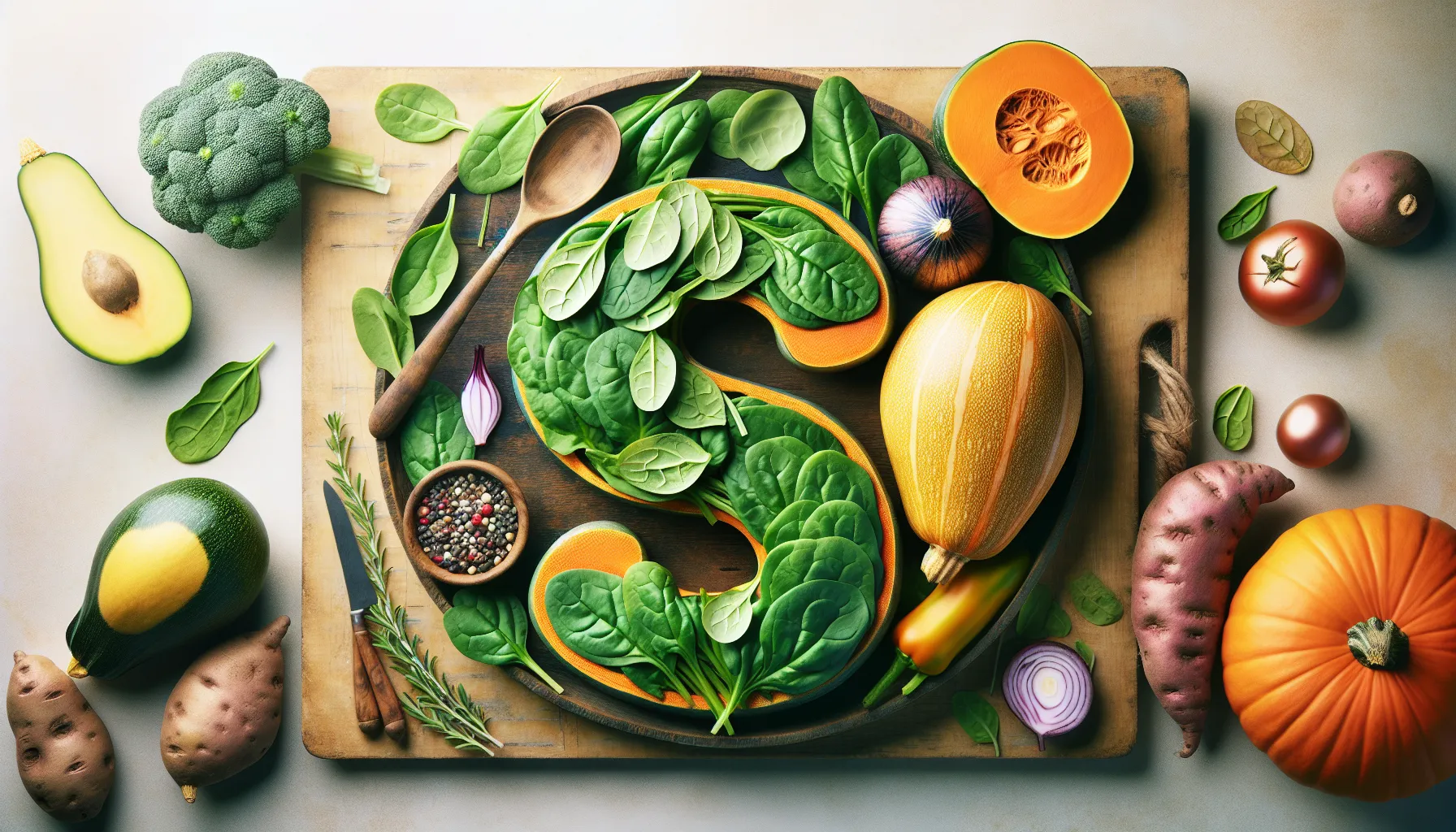 A colorful array of fresh produce including vegetables that start with S, like spinach, arranged artistically on a wooden surface with cooking utensils.