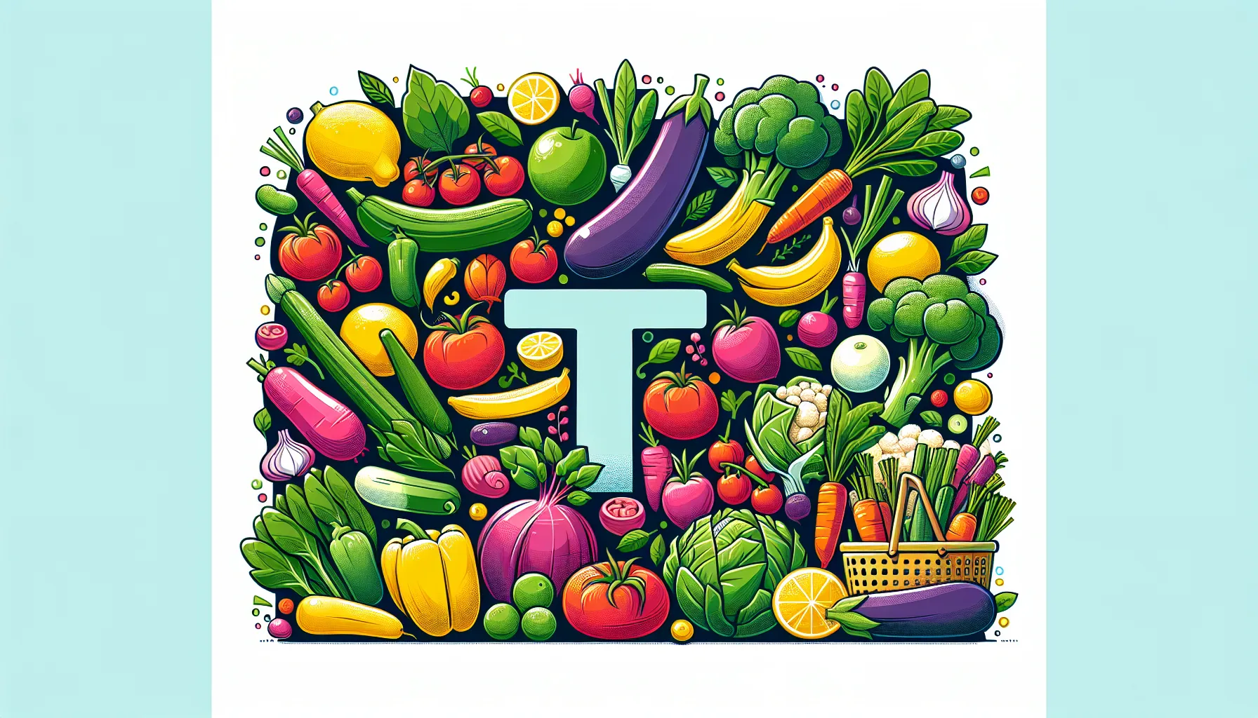 Colorful illustration of a variety of fresh vegetables and fruits arranged in the shape of the letter T, highlighting vegetables that start with T such as tomatoes and turnips.