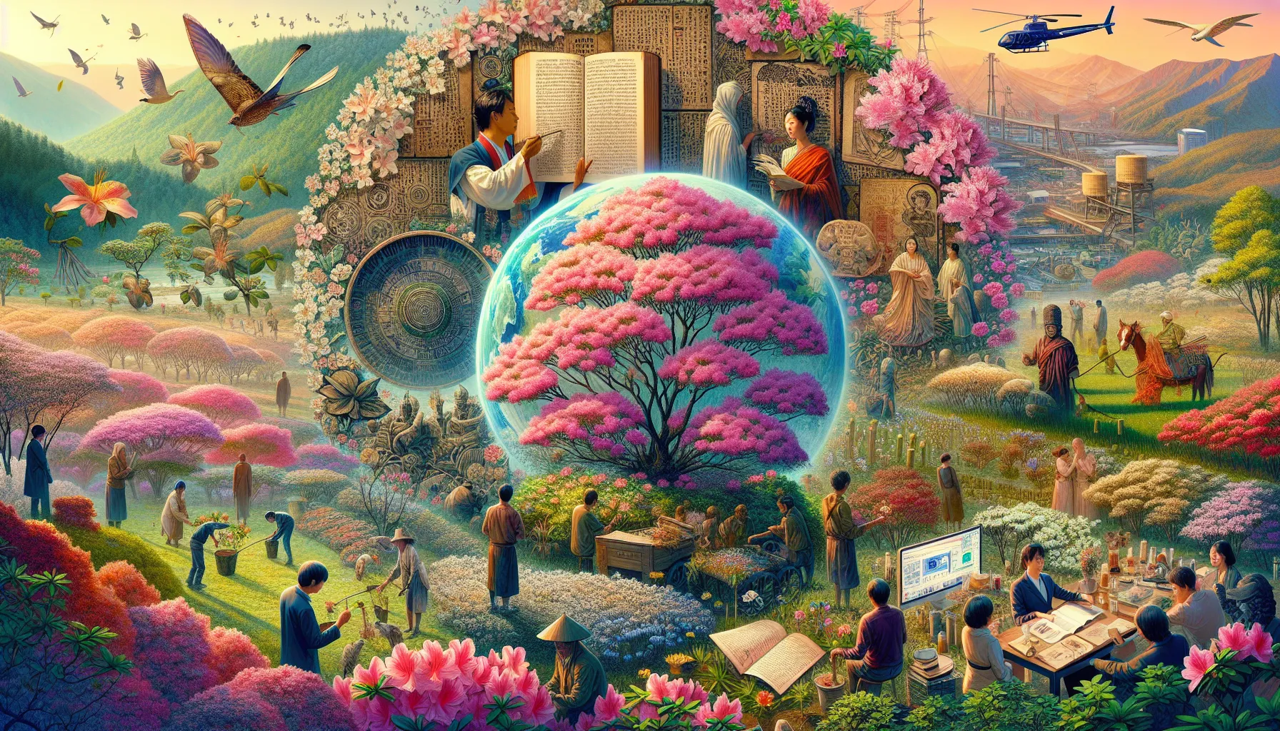 A vibrant illustration exploring the azaleas meaning with people engaged in various activities surrounded by lush, colorful azalea blooms, symbolizing the delicacy and transient nature of life.