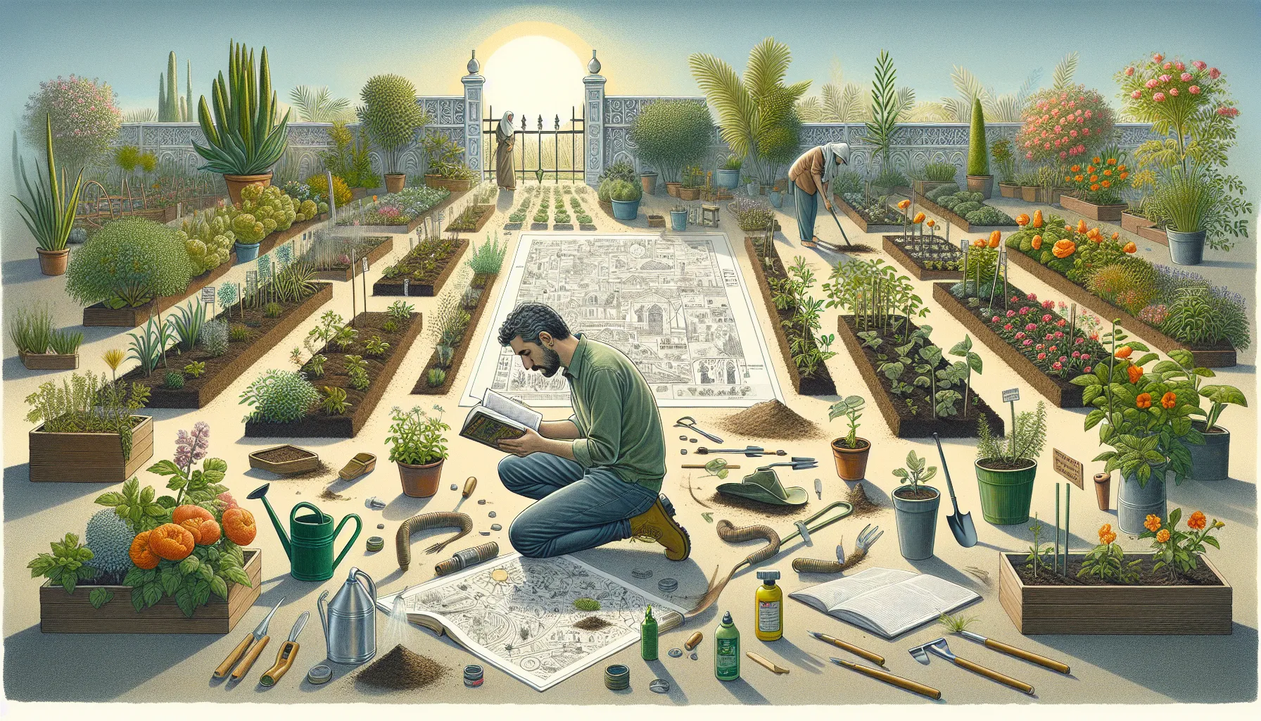 An illustration showing a person kneeling and reading a book about the basics of gardening, surrounded by plants, garden tools, and sketches of garden layouts.