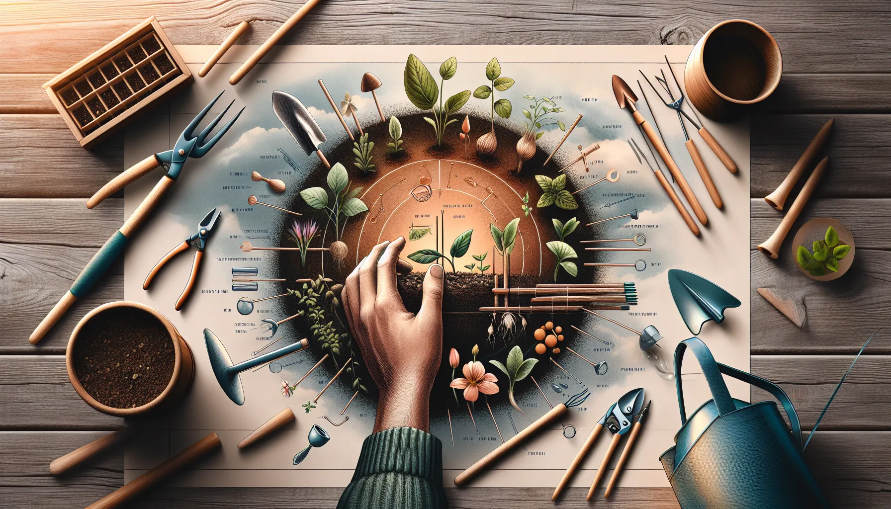 A person's hands arrange tools and plants on a poster with beginner gardening tips, surrounded by real gardening equipment on a wooden surface.