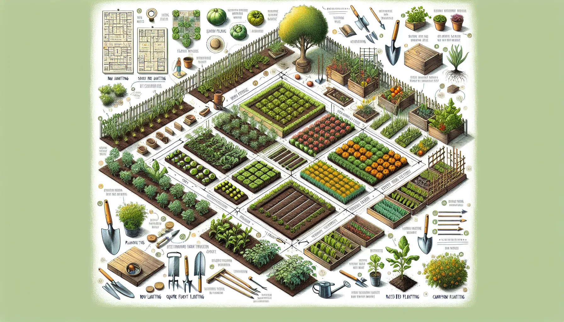 An illustrated best vegetable garden layout showing various plants in neatly arranged beds with gardening tools and techniques on the periphery.