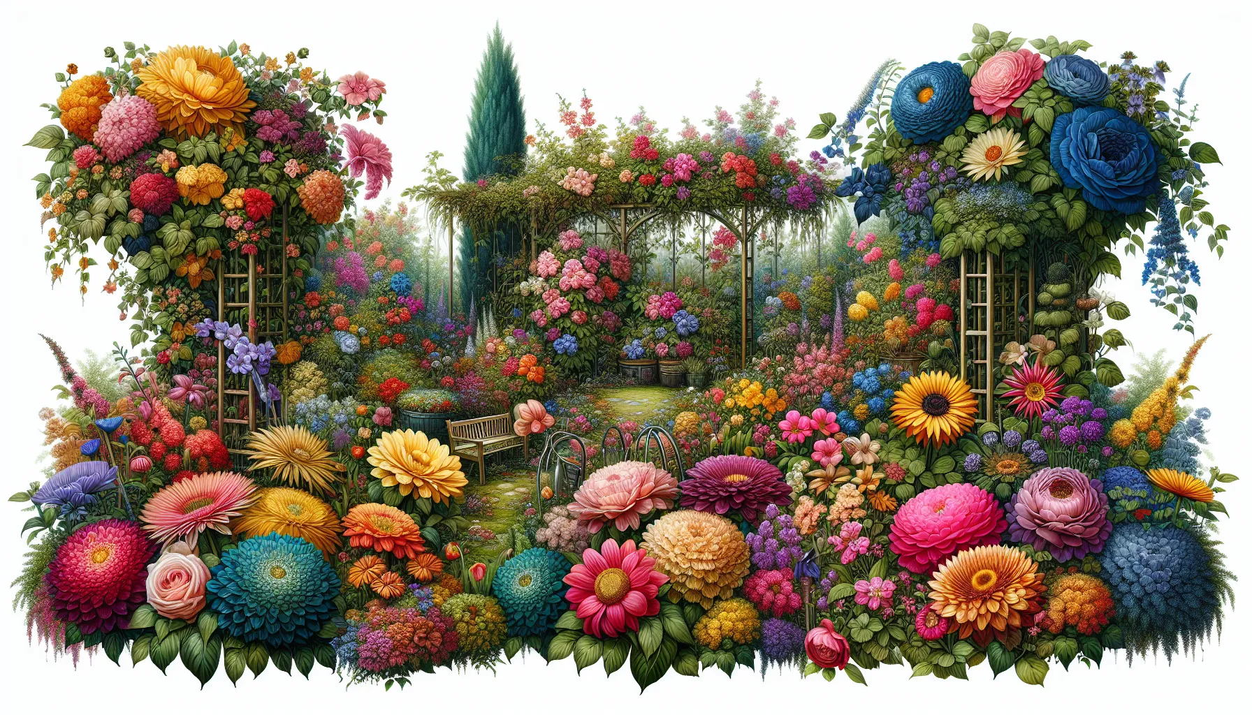 An elaborate garden scene densely packed with vibrant and colorful flowers of various species, surrounding a quaint garden path and pergola.