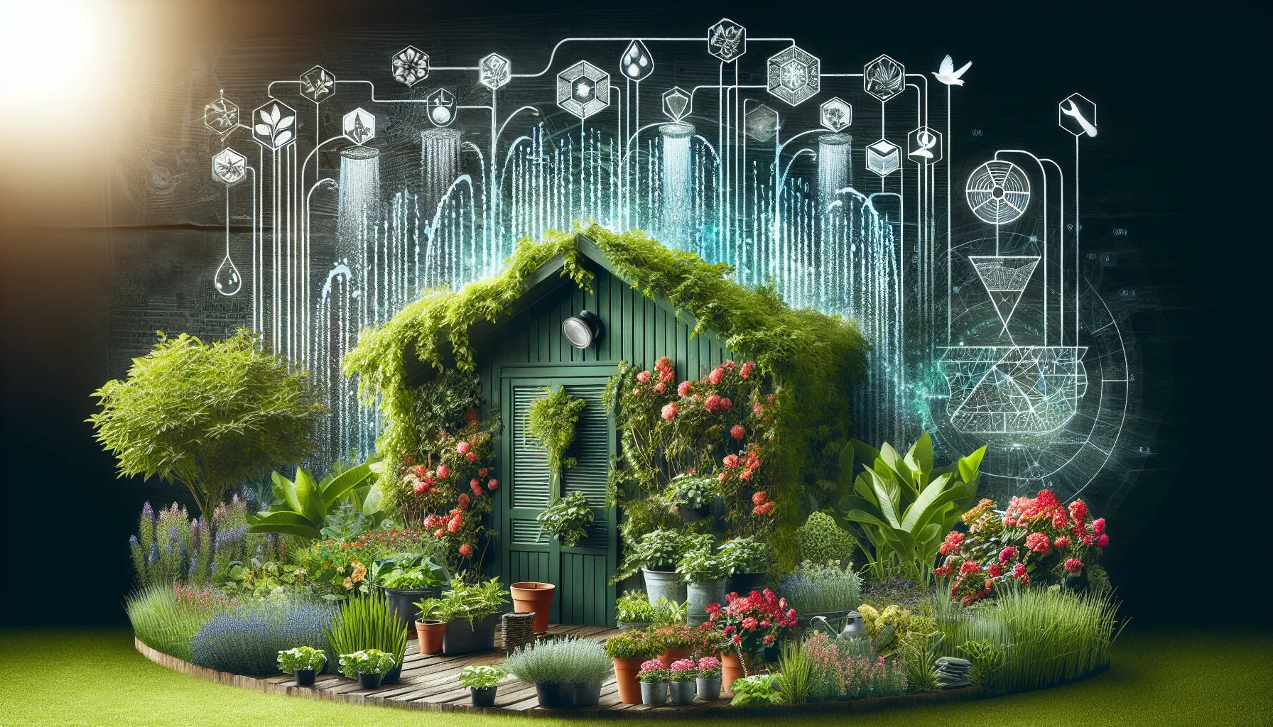 A lush garden surrounding a green shed is shown with holographic overlays depicting various garden care and irrigation systems.