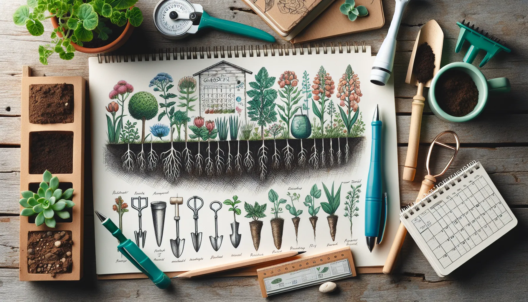 A detailed garden planning guide sketch flanked by gardening tools, seedlings, and a calendar on a wooden surface.