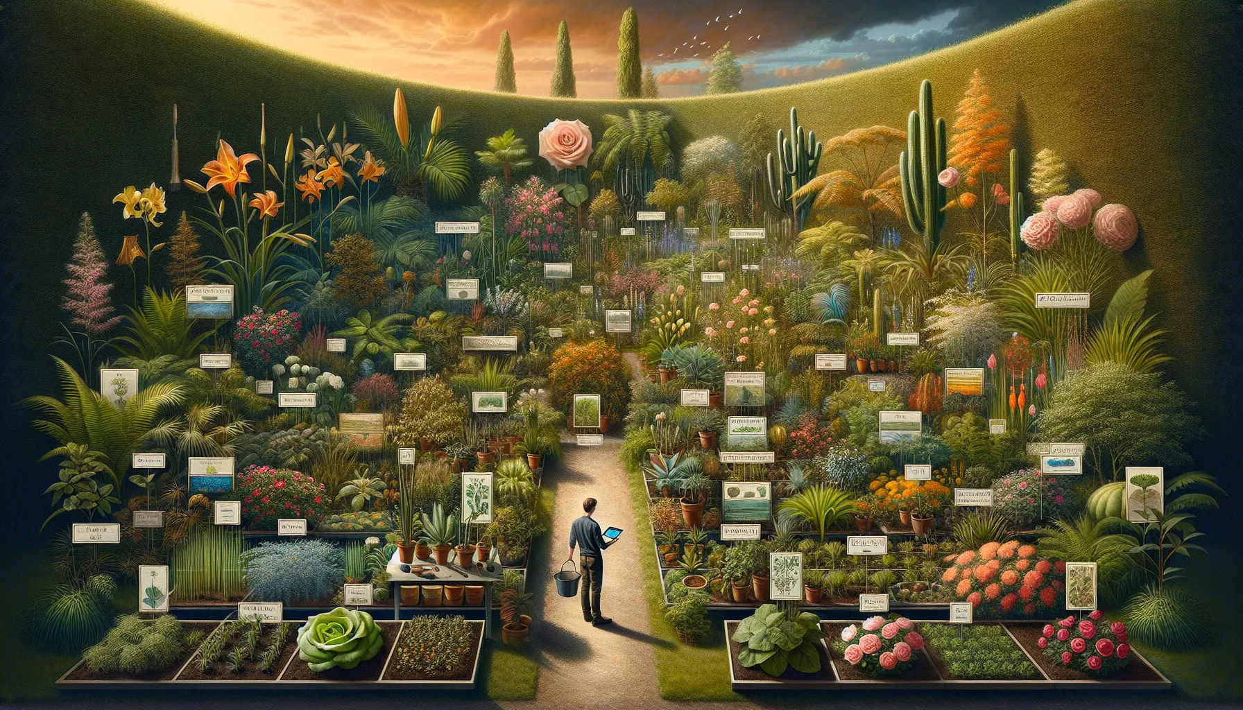 A person walks down a path through an artistic representation of a lush garden center with numerous plants accompanied by garden plant guides.