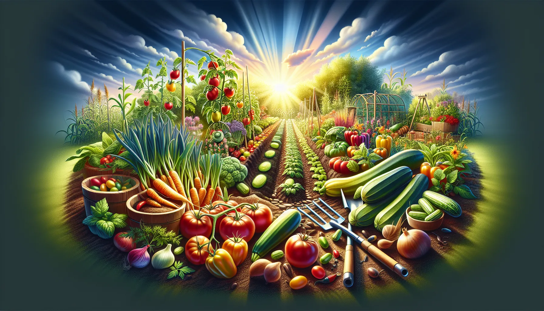 A vibrant illustration of a variety of colorful garden vegetables thriving in a sunlit, well-tended garden.