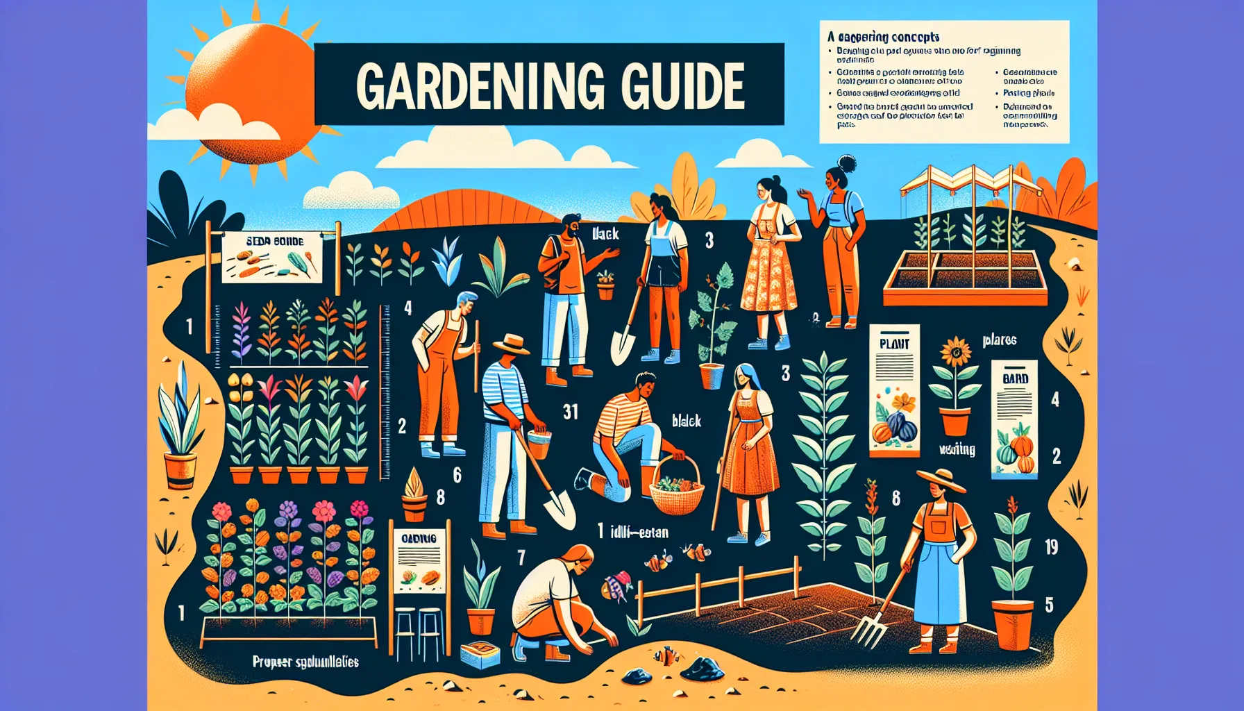 An illustrated gardening guide with various plants and people engaged in gardening activities under a bright sun.