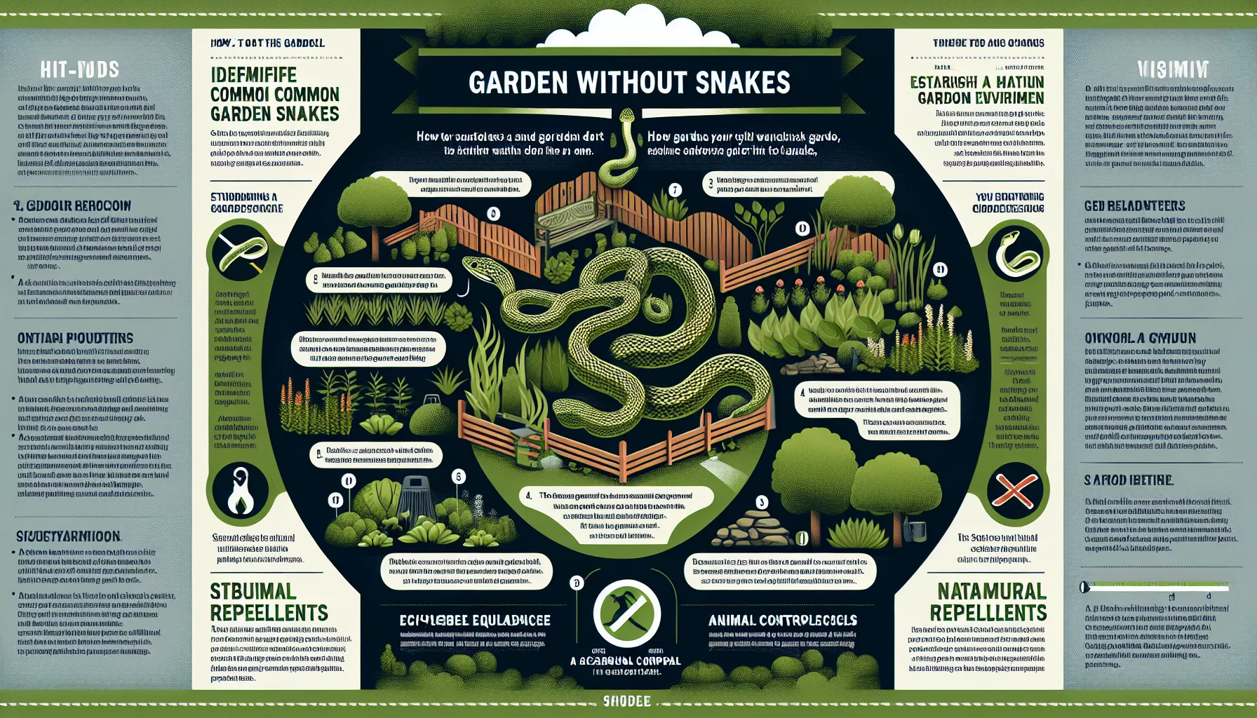 An informative illustration detailing steps on how to avoid garden snakes in a stylized, snake-free garden layout.