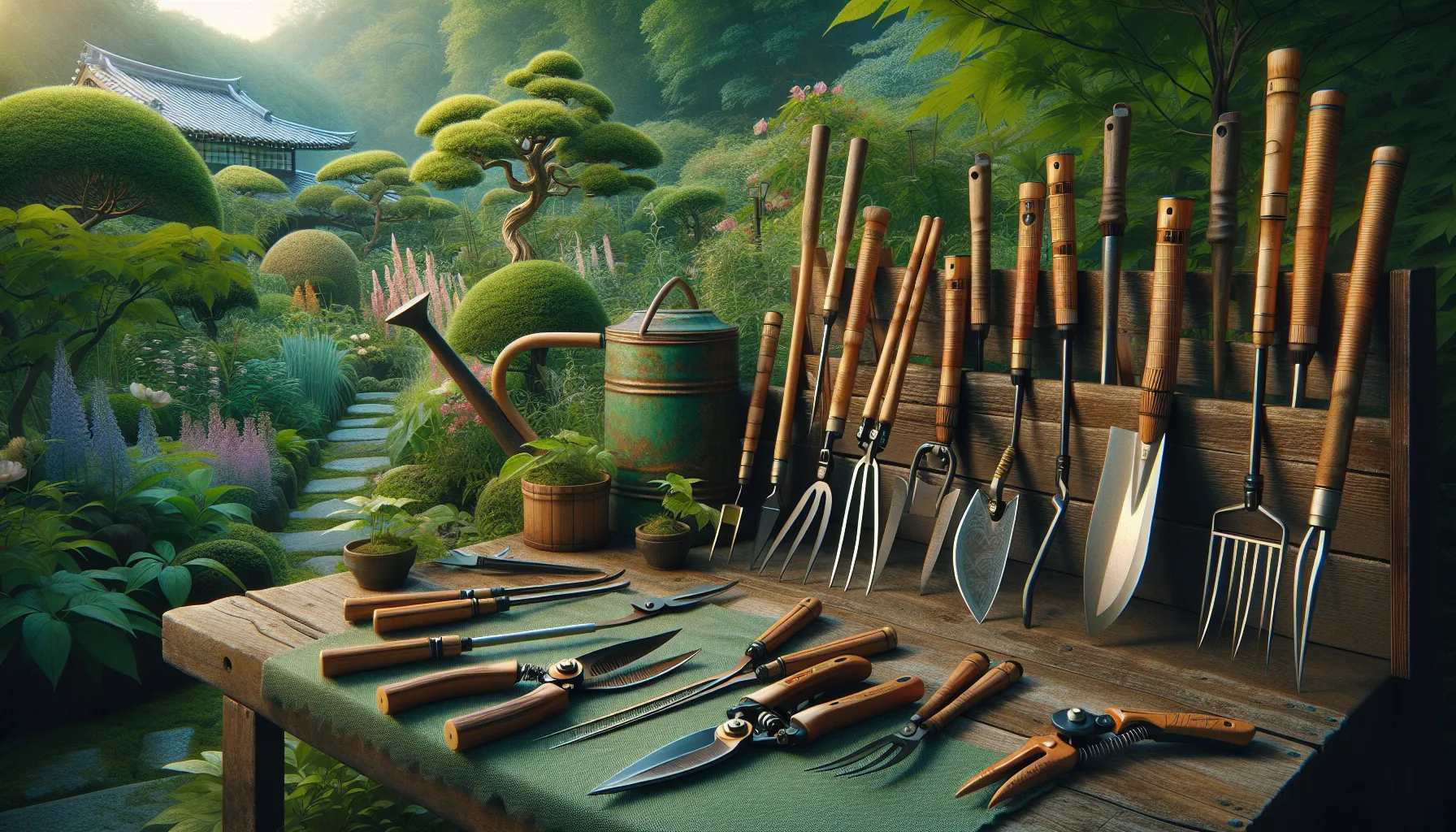 Japanese garden tools are neatly displayed on a wooden table with a beautifully manicured garden in the background.