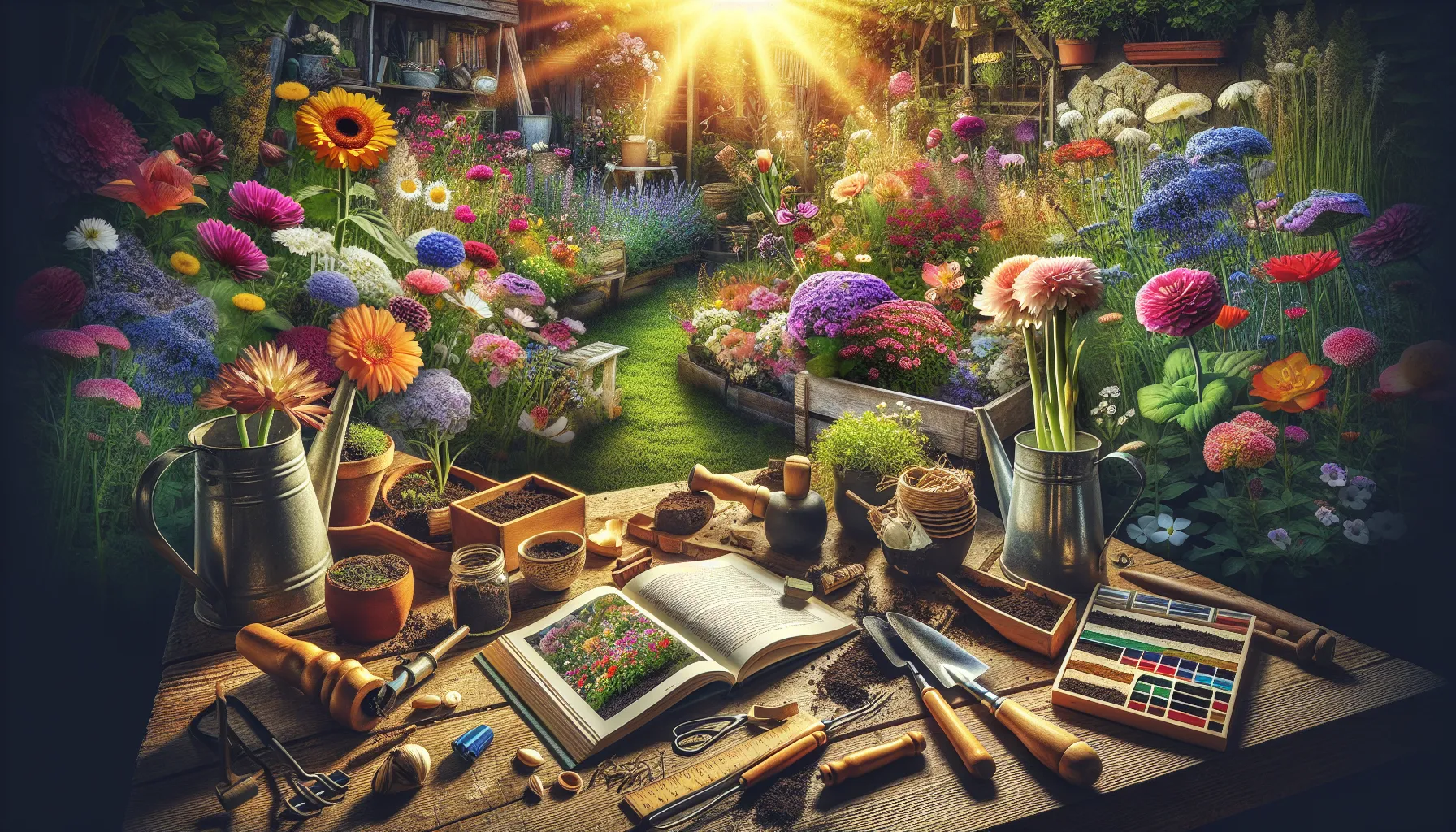 A magical garden scene bathed in sunlight with an array of colorful plant flowers and gardening tools spread on a wooden table.