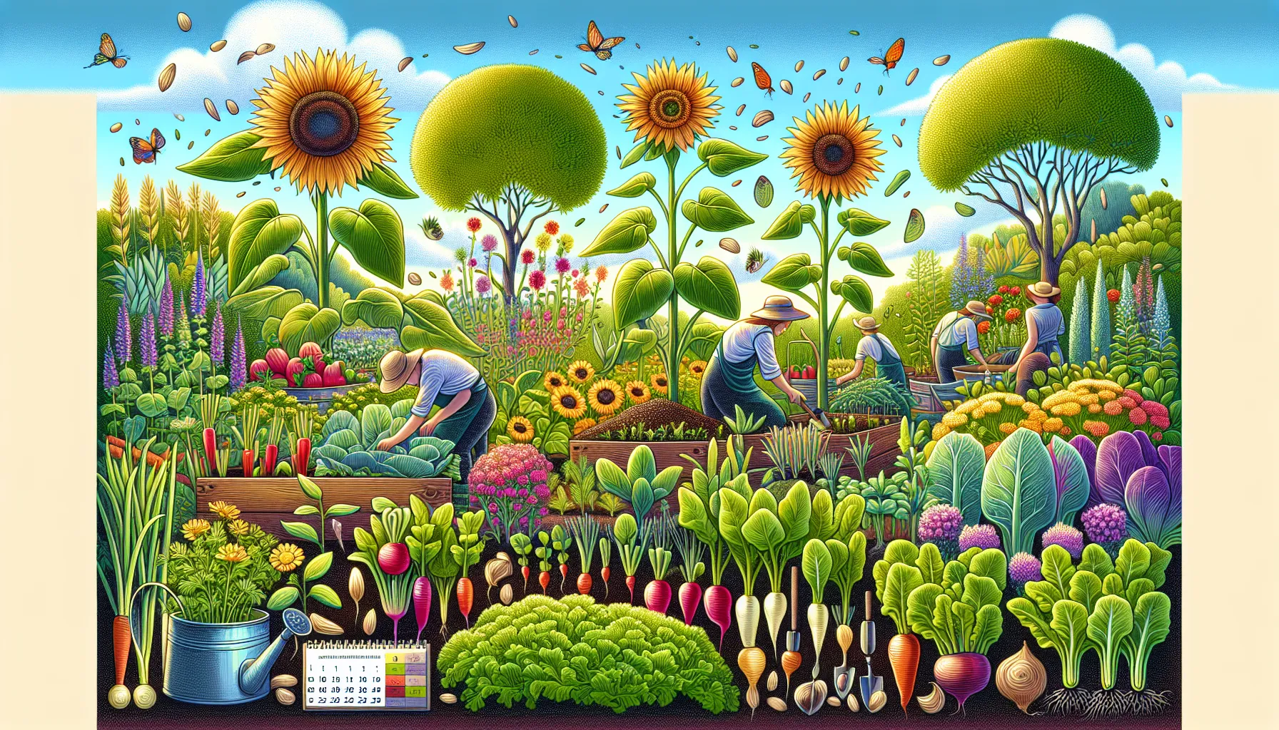 Vibrant illustration of a bustling garden with gardeners at work and oversized fruits, vegetables, and flowers depicting seeds that germinate quickly.