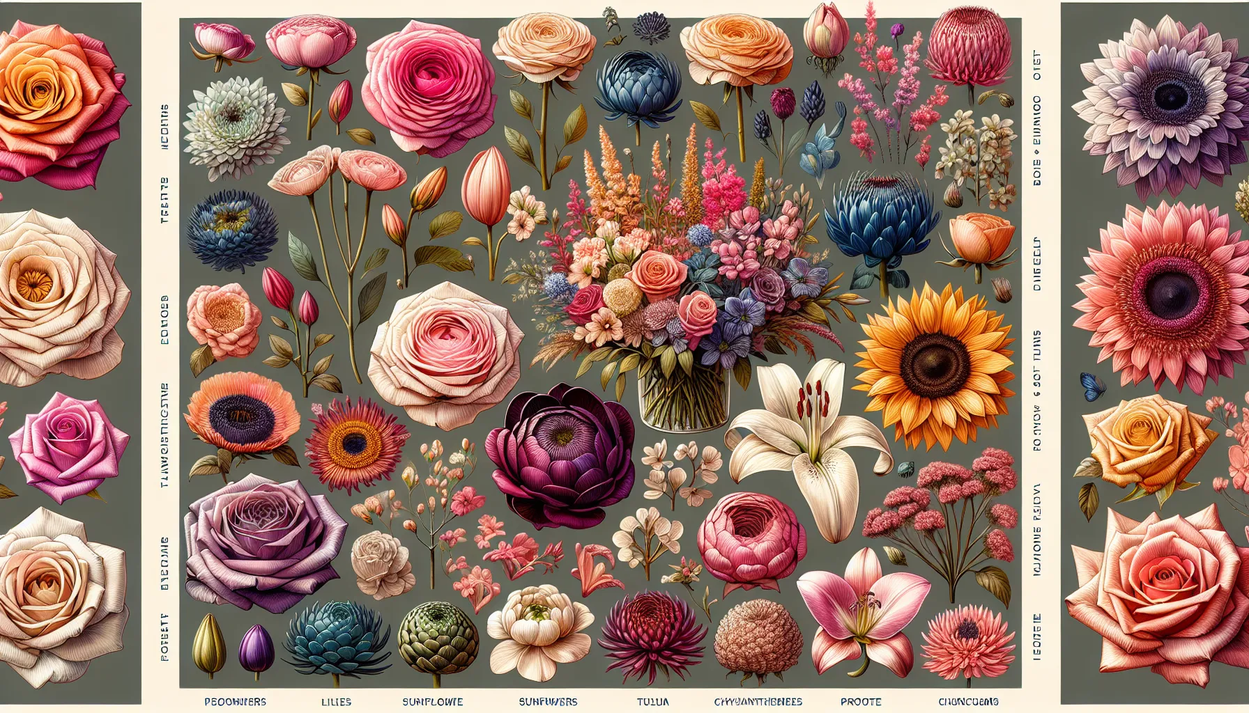Alt text: An illustration showcasing a variety of types of flowers for bouquets, including roses, lilies, sunflowers, and tulips with labels in different languages.