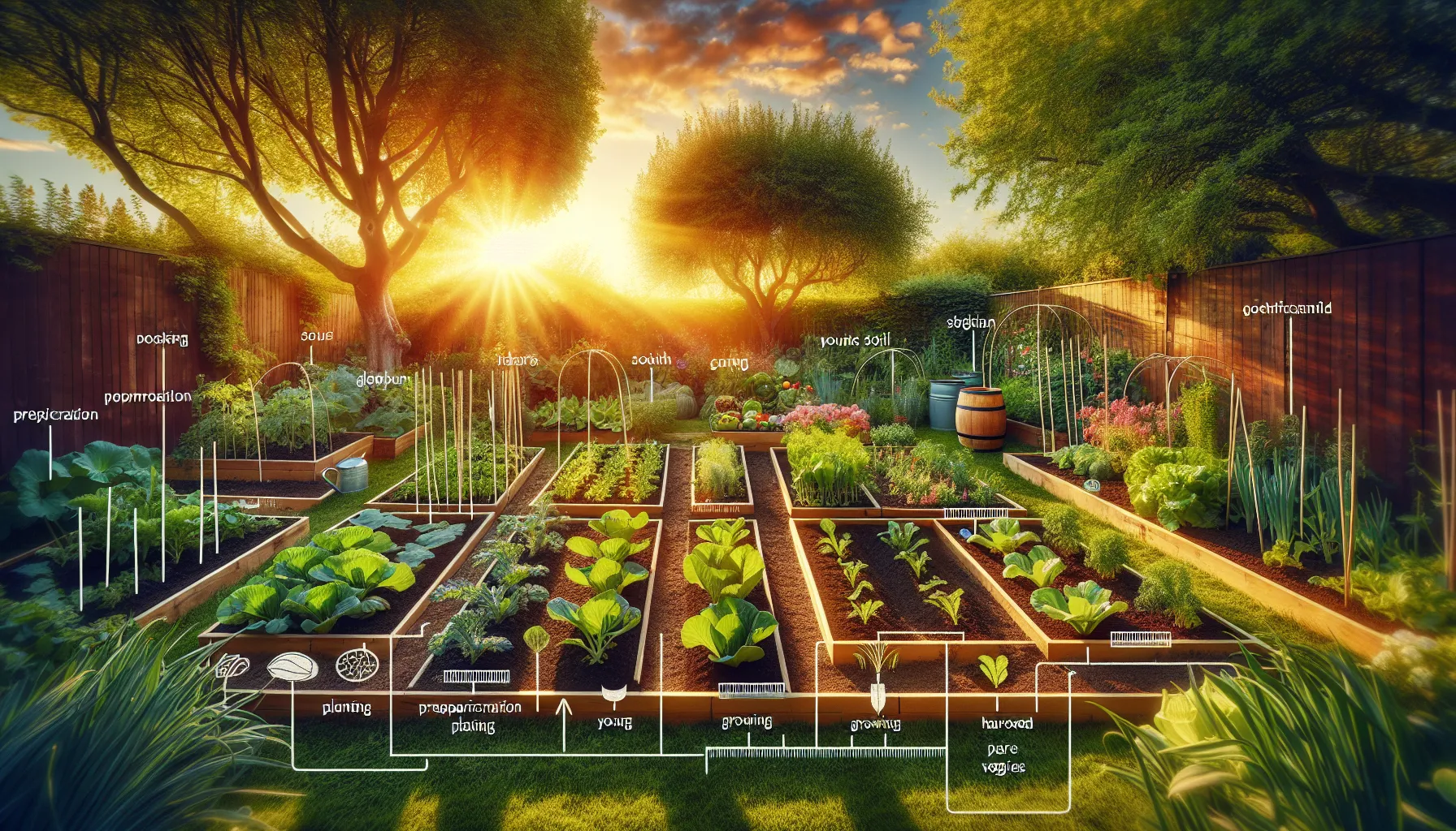 A well-organized vegetable garden with raised beds and labeled plants basks in the warm glow of a setting sun.