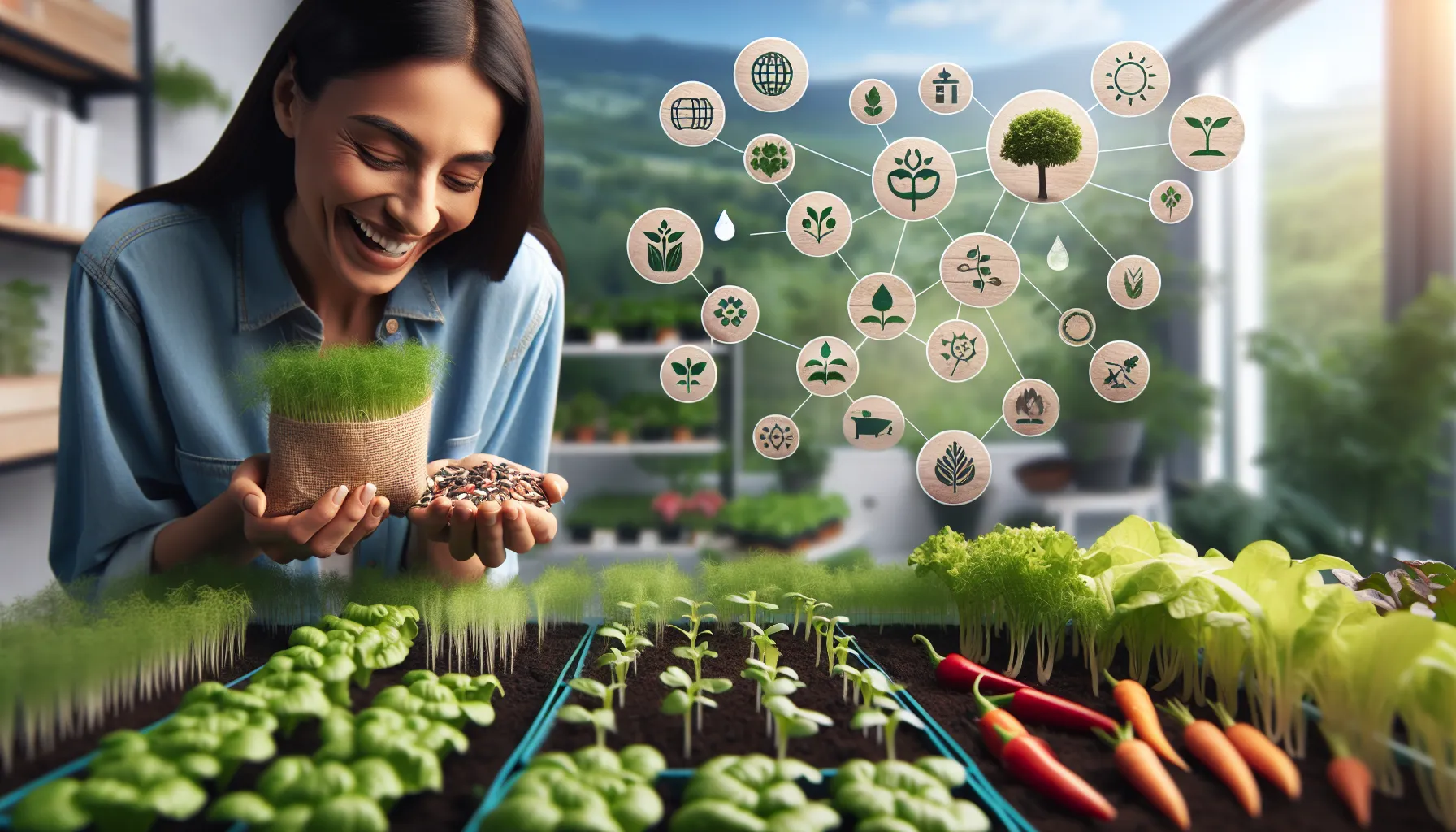 A smiling woman holding seeds and a potted plant with a lush vegetable garden in the foreground, and icons representing sustainable agriculture floating in the air.