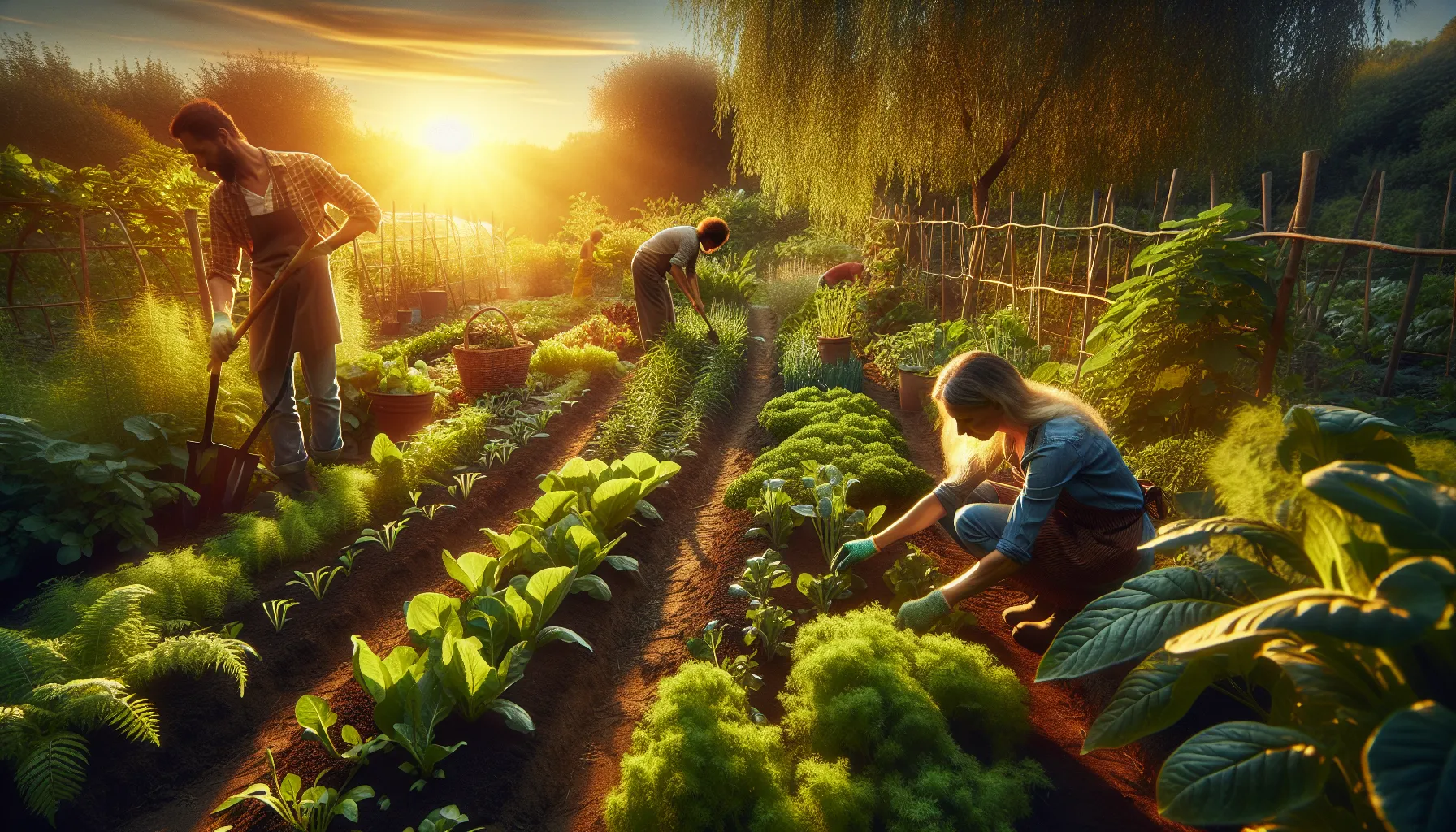 Three people tend to their vegetable garden bathed in the warm glow of the setting sun.