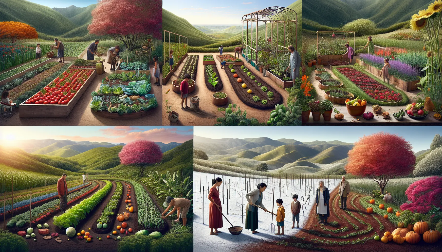 A panoramic illustration shows multiple people tending to various plants and vegetables in a lush, expansive garden with rolling hills in the background.