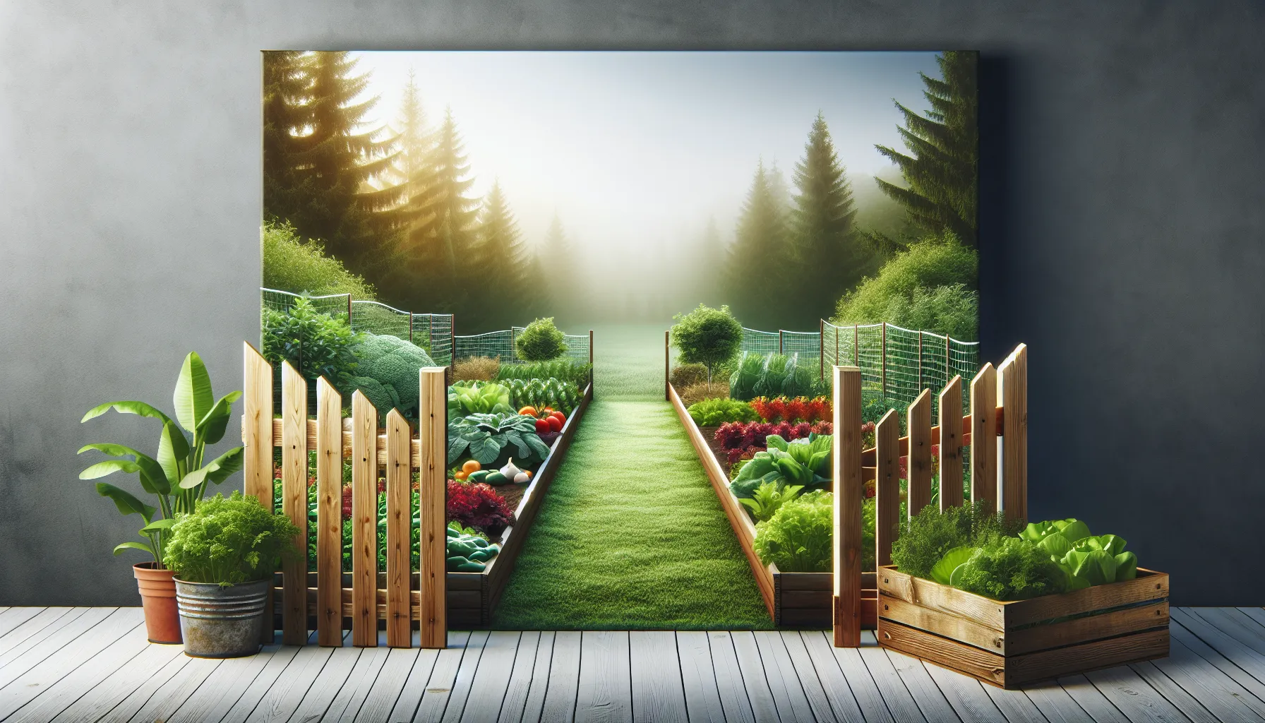 A lush vegetable garden is bordered by a wooden fence kit, with rows of vibrant greenery leading into a misty forest backdrop.