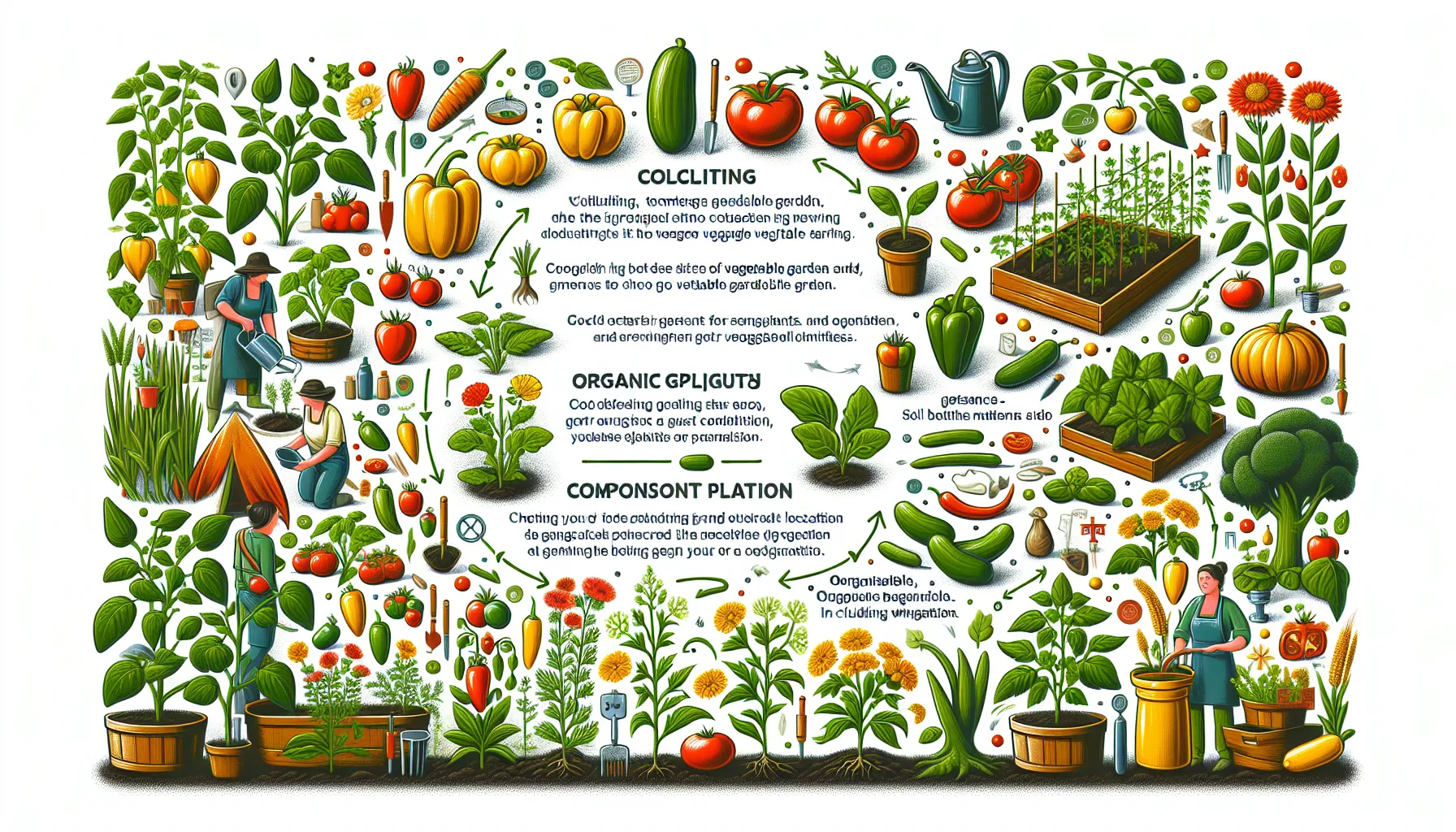 An illustrated overview of a vegetable garden with plants, gardening tools, and two people tending to various crops and seedlings.