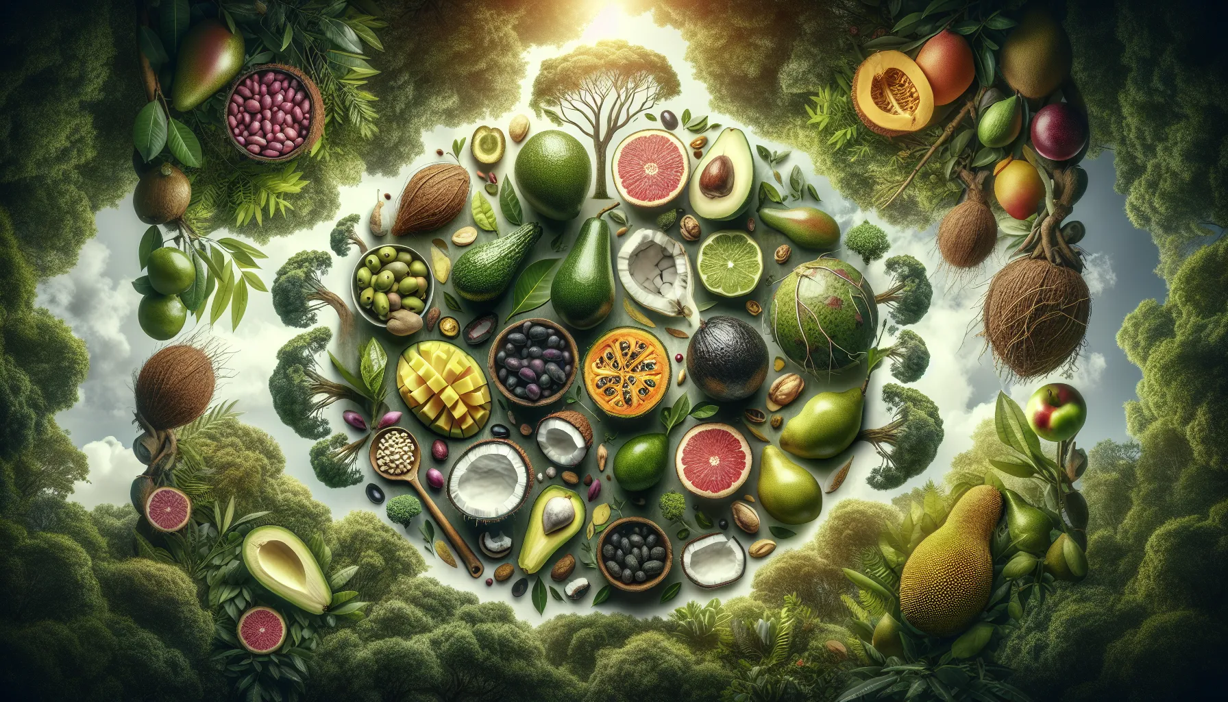 A vibrant collage of exotic fruits and nuts, such as avocados, coconuts, and mangos, answers the question of what vegetables grow on trees amidst a lush forest backdrop.