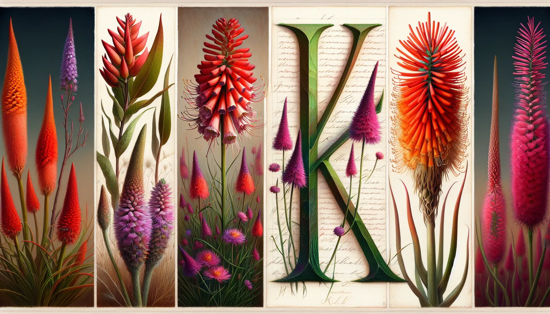 A vibrant artistic montage of various flowers that start with K, with a large letter "K" in the center surrounded by botanical illustrations.