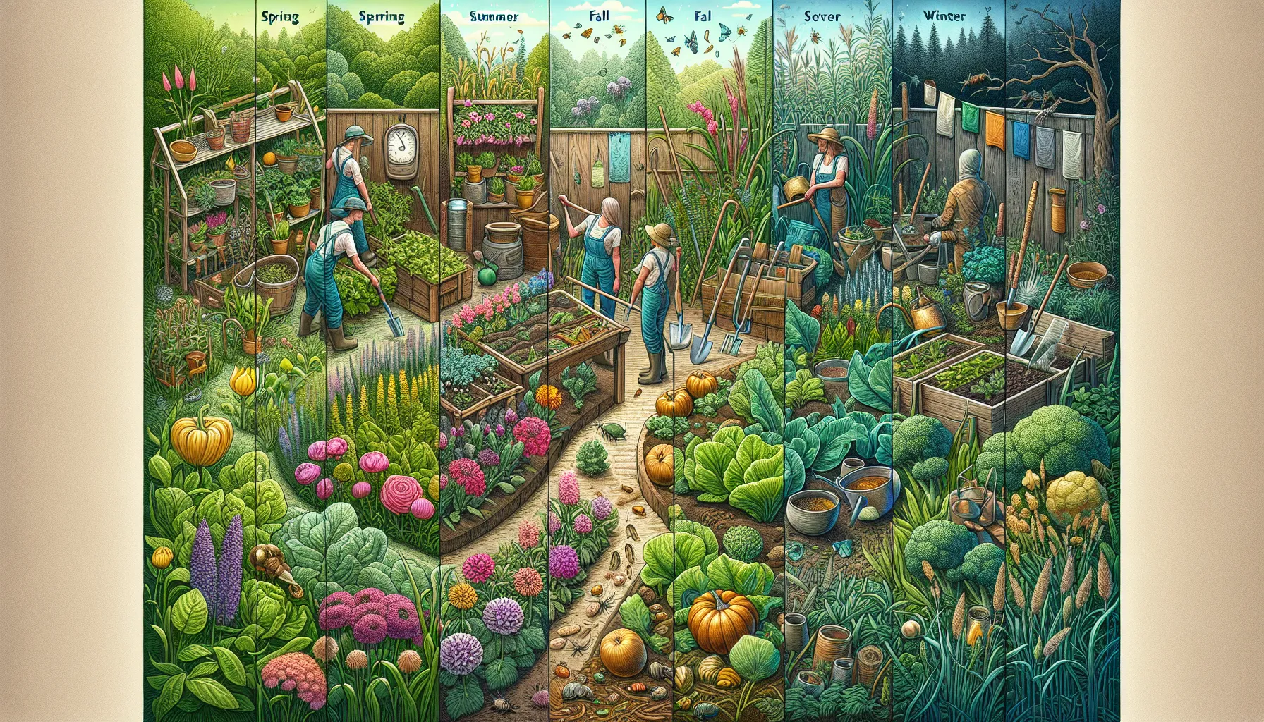 A detailed illustration depicting the seasonal progress of garden care, featuring a gardener tending to vibrant plants from spring to winter.