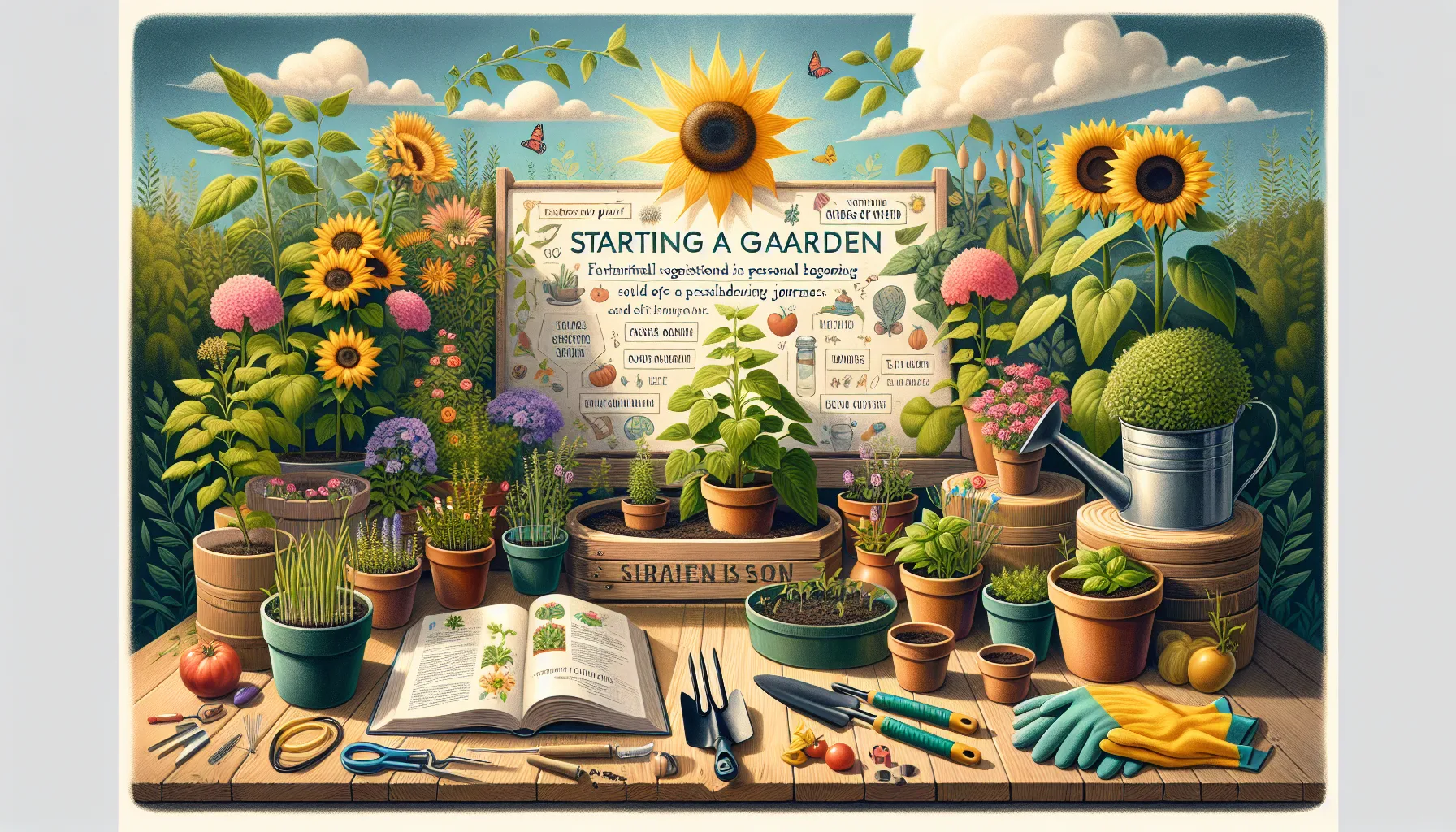 A colorful illustration showing a variety of gardening tools, plants, and a "Starting a Garden" guidebook, themed around gardening for beginners.