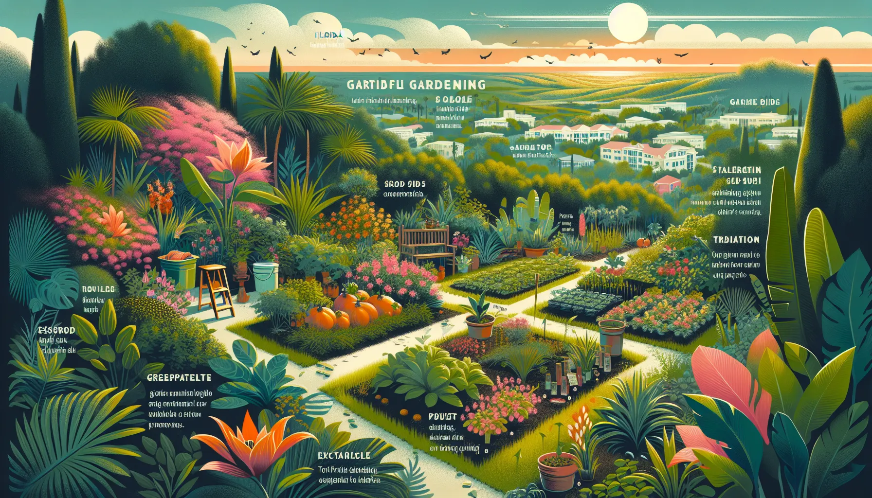 An illustrated panorama showcasing the vibrant and diverse flora and structured garden beds typical of gardening in Florida.
