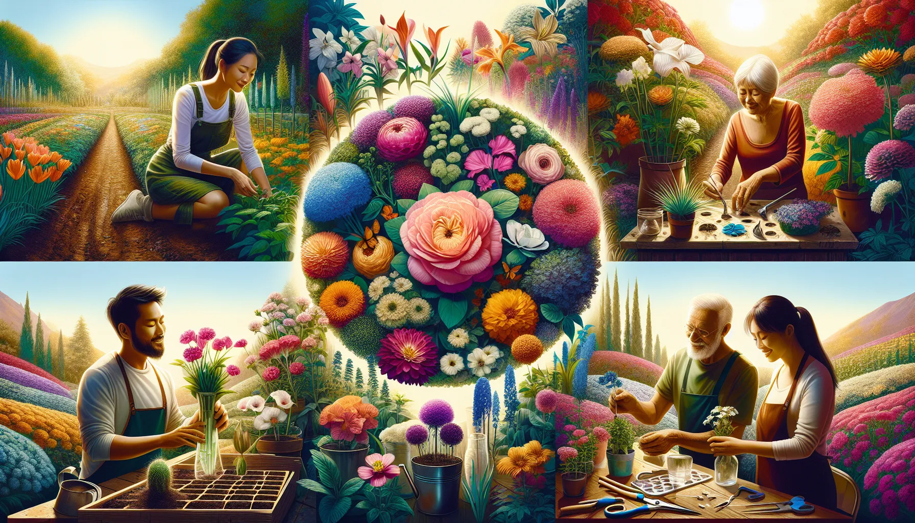 Alt text: A vibrant illustration depicting multiple people engaged in various activities related to growing cut flowers, with a rich tapestry of colorful blooms creating a central heart shape.