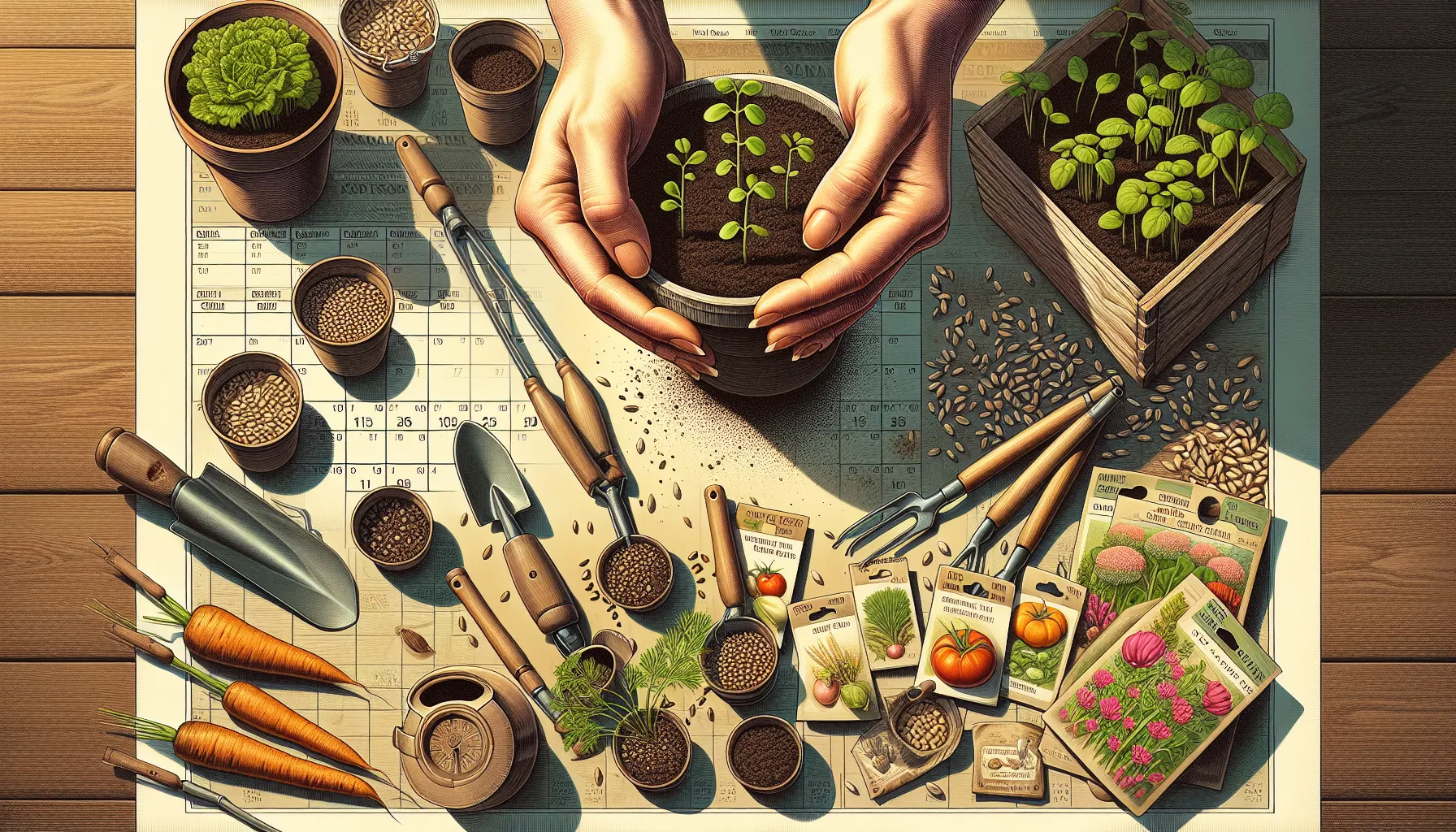 A detailed illustration of hands potting young plants with various gardening tools, seeds, and harvested vegetables, symbolizing growing vegetables from seed for beginners.
