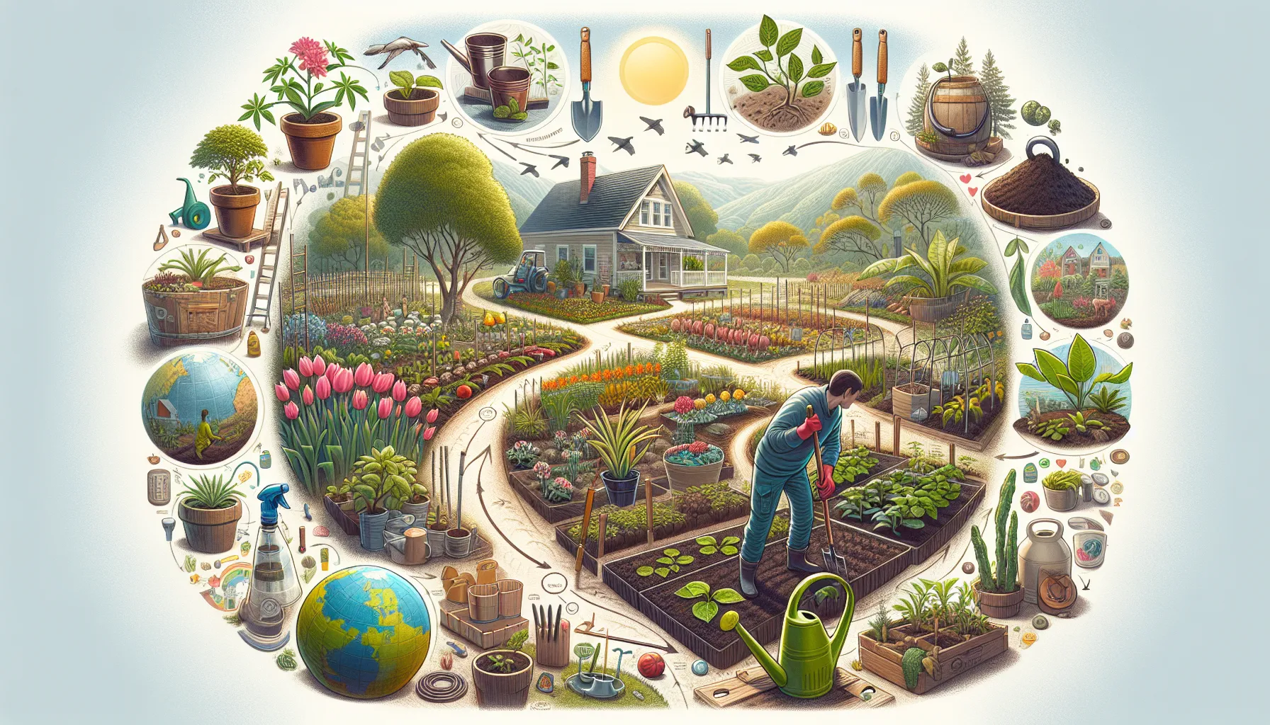 A person tends to vegetable beds in a vibrant home gardening scene, surrounded by a variety of plants, gardening tools, and whimsical representations of the ecosystem.