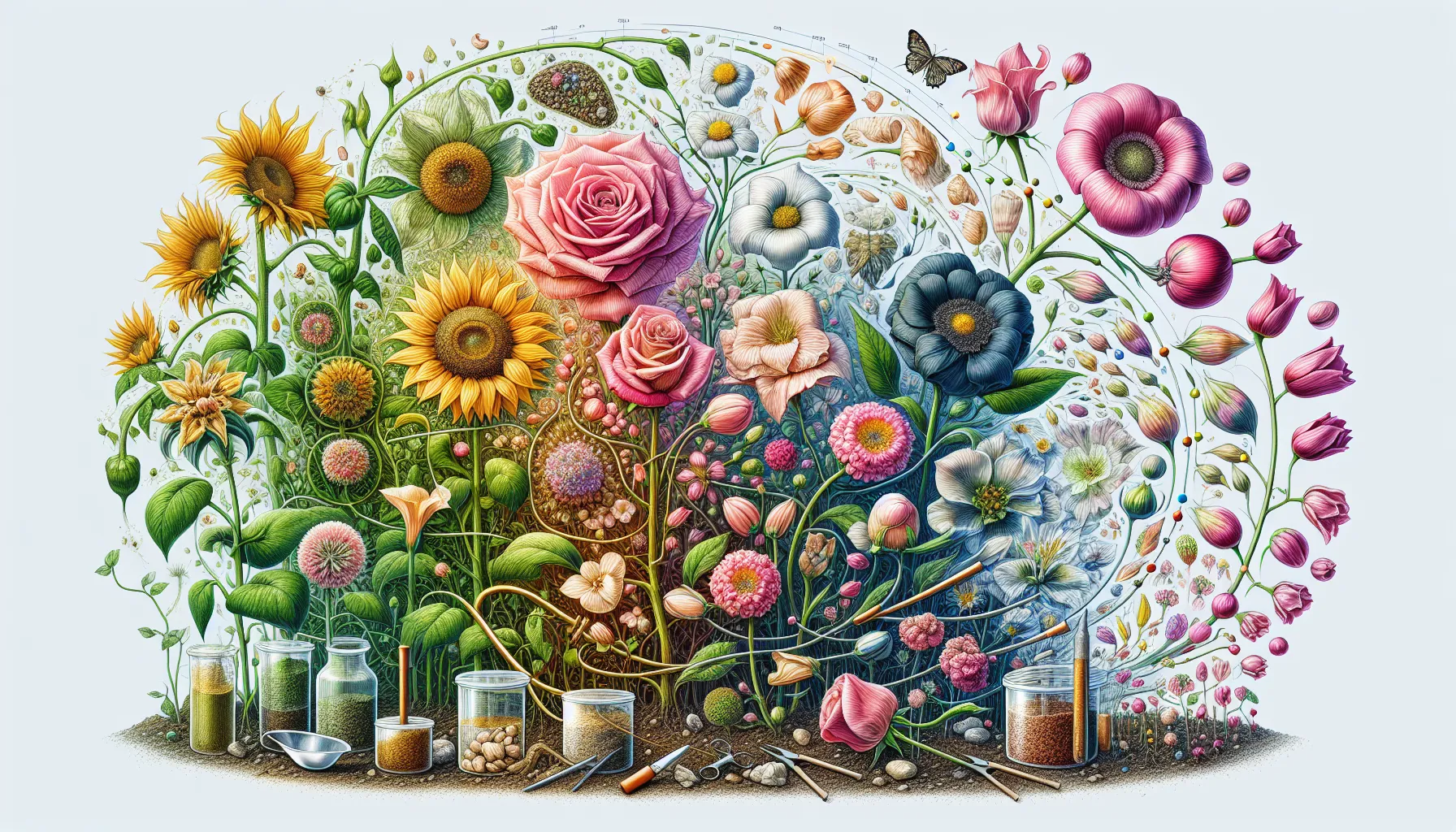 An illustration showing a diverse array of flowers in full bloom next to gardening tools, prompting the question, "how long does it take for flowers to grow?"
