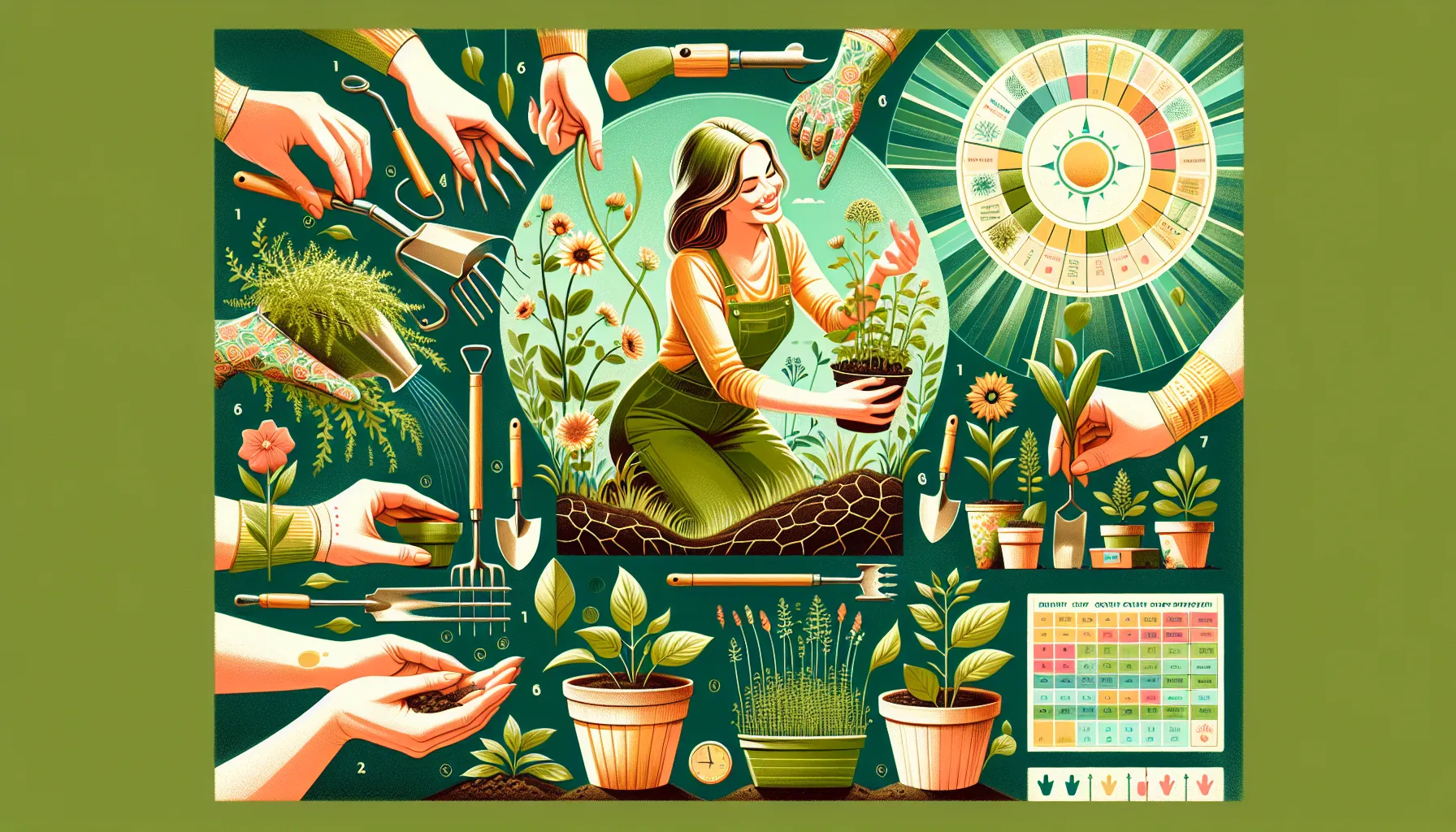 An illustrated guide depicting various steps and tools on how to plant, with a happy person nurturing a plant in the center.