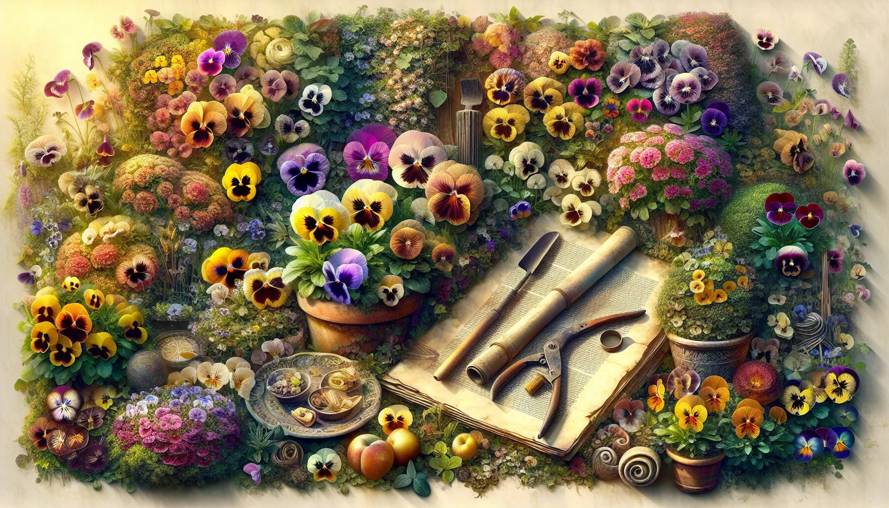 A vibrant and whimsical arrangement of various colored pansies, embodying the pansy meaning flower of thoughtful contemplation, surrounds antique gardening tools and a book.